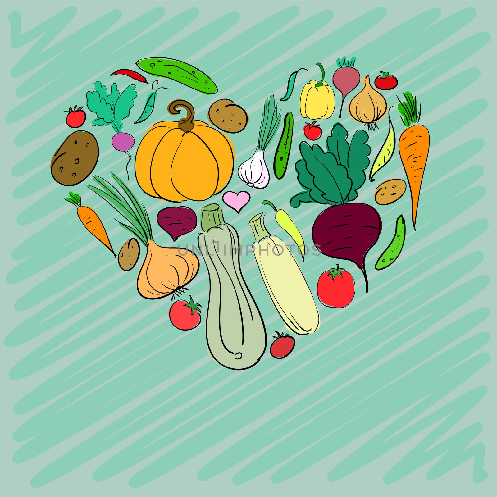 Set of vegetables hand-drawn in the form of heart for your advertising. illustration
