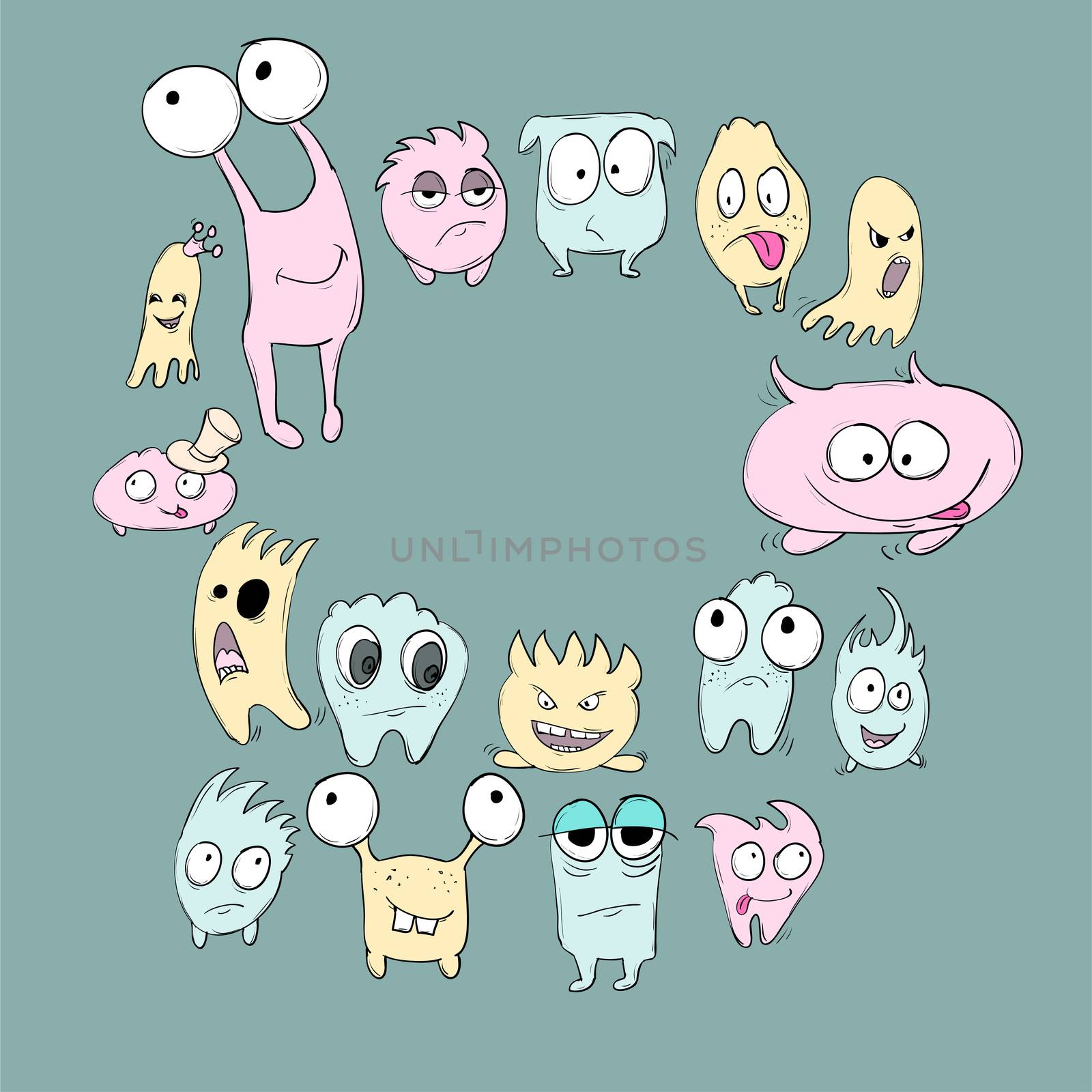 Set of cute cartoon monsters different colors and emotions on a green background. by Adamchuk