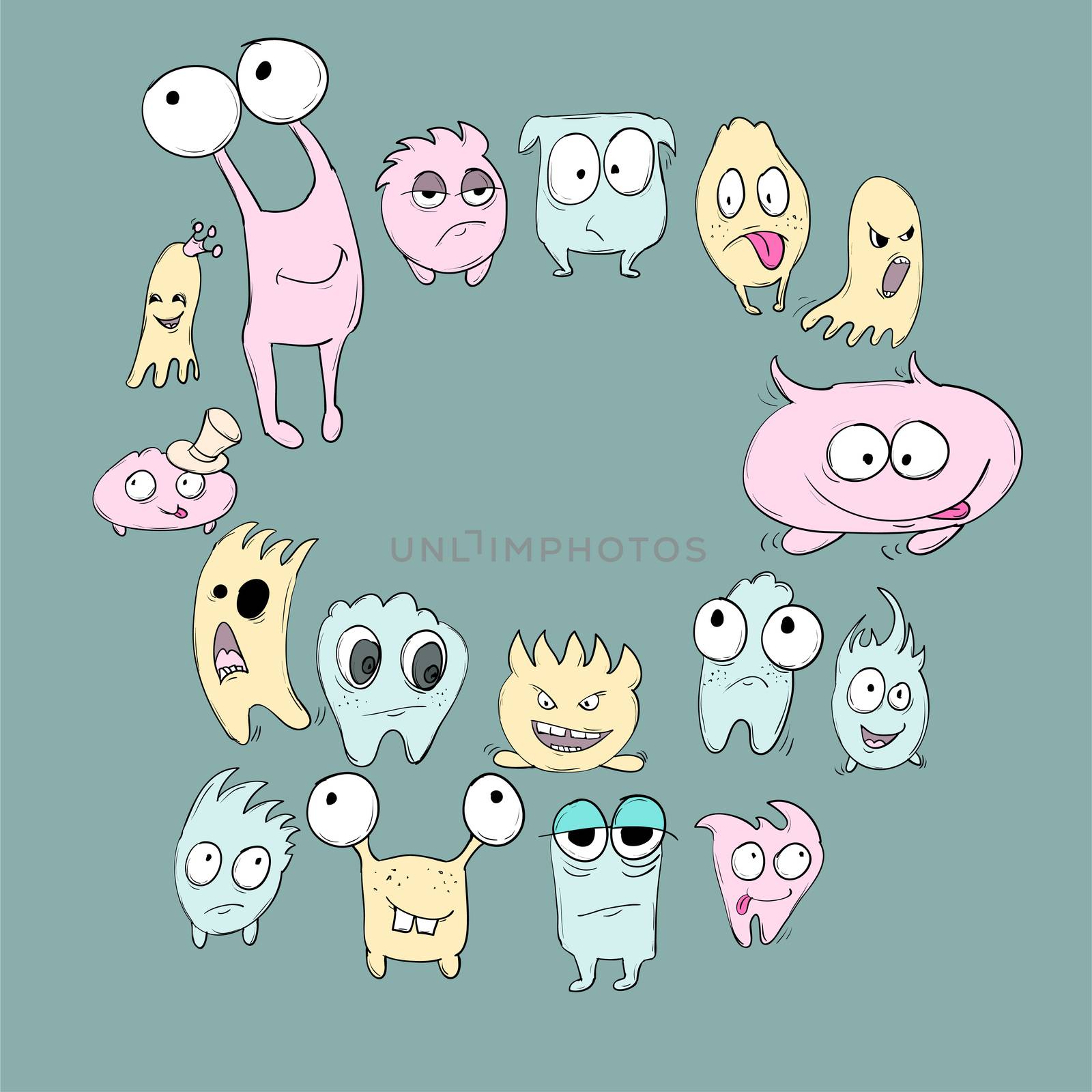 Set of cute cartoon monsters of different colors and emotions on a green background. illustration