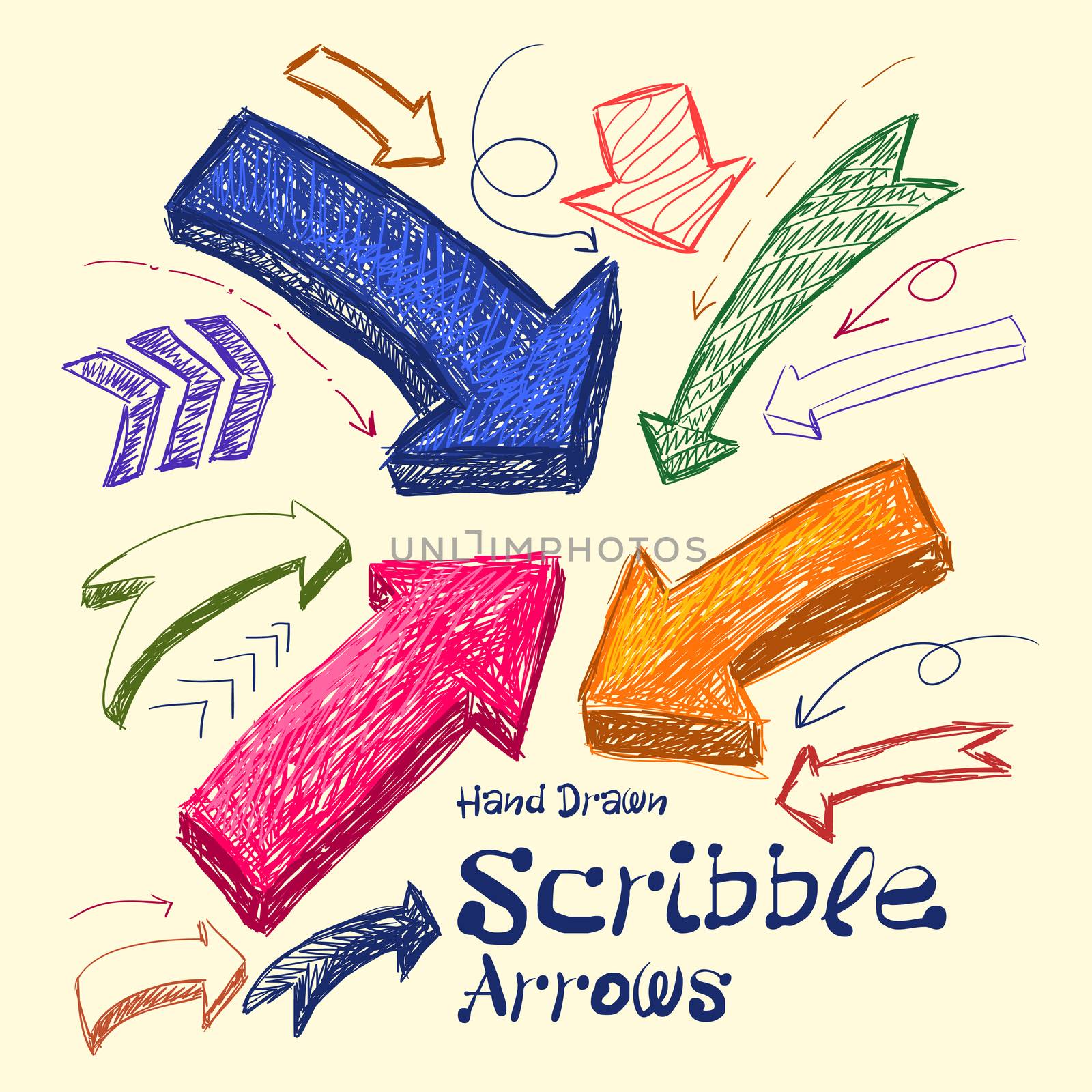 Set of bright scribble arrows hand-drawn on a light background. by Adamchuk