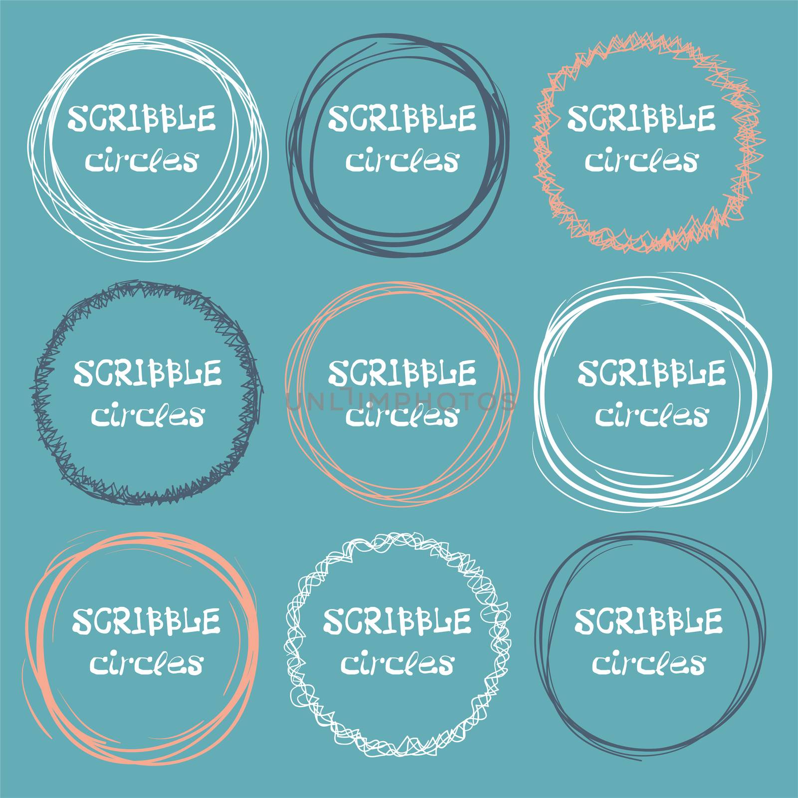 Collection of hand-drawn scribble circles on a dark background. illustration