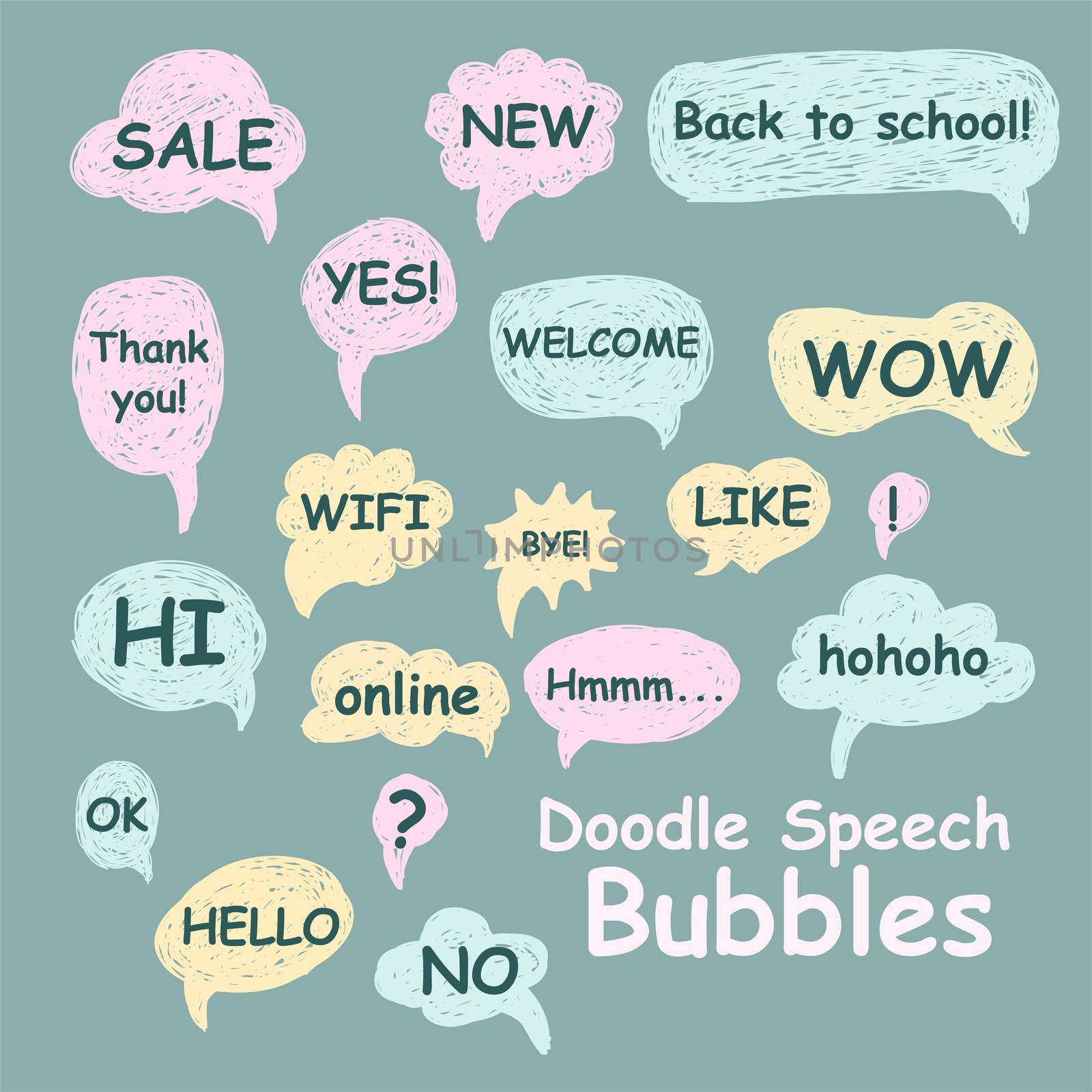 Set of doodle speech bubbles on a green background with different inscriptions in the middle. illustration