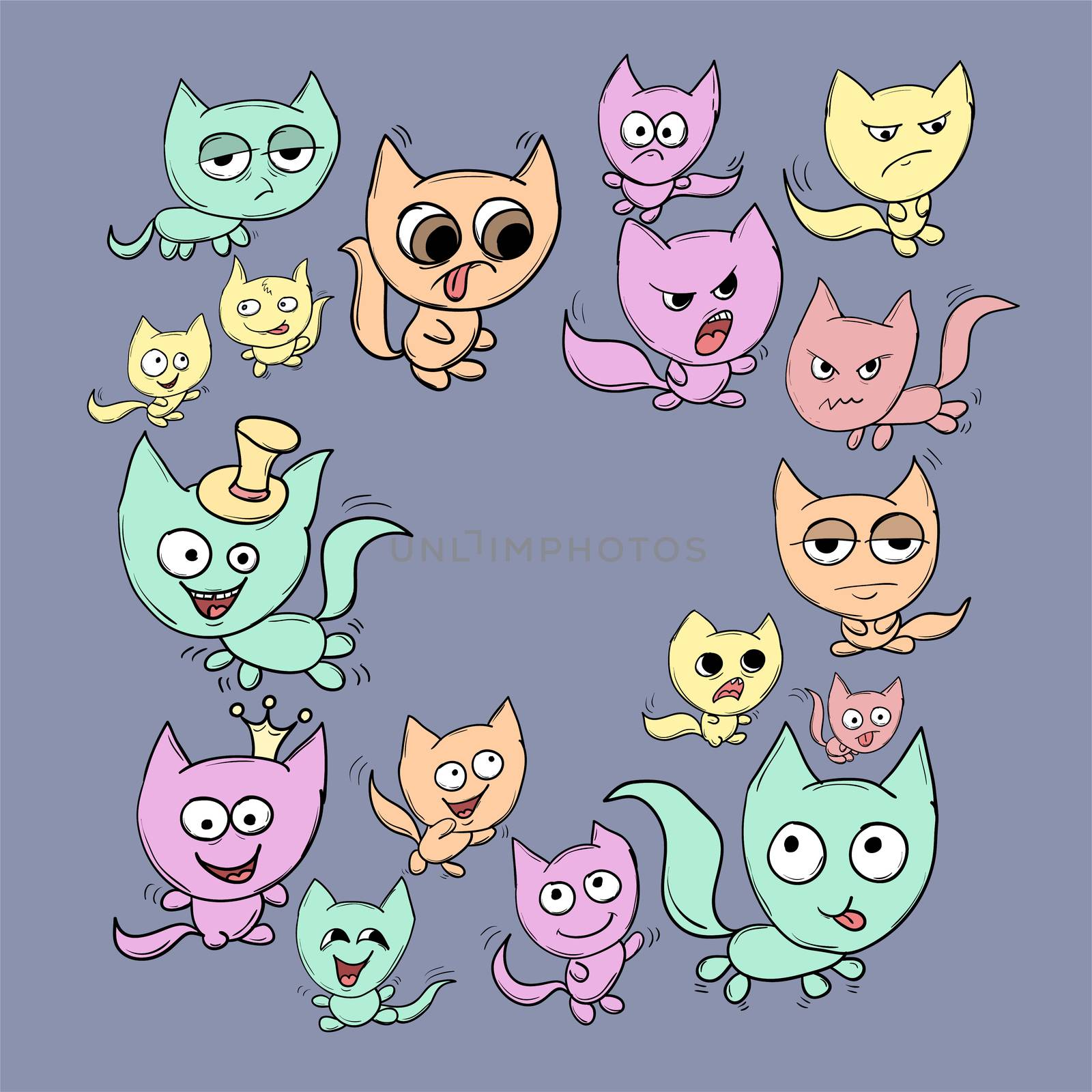 Set of cute cartoon cats of different colors and emotions on a dark background. illustration