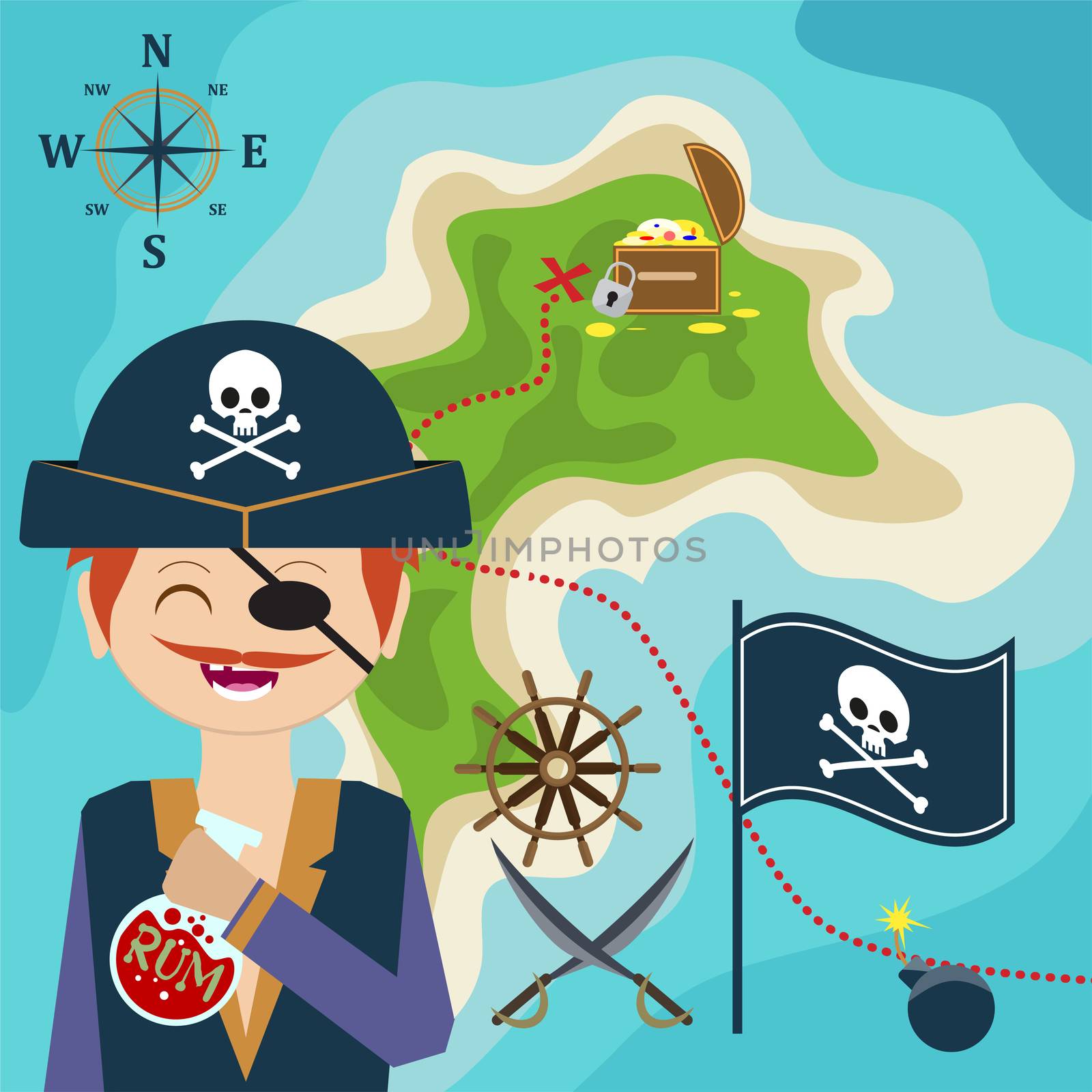 map with a pirate and treasure island. Child Game. Help the find treasures. by Adamchuk