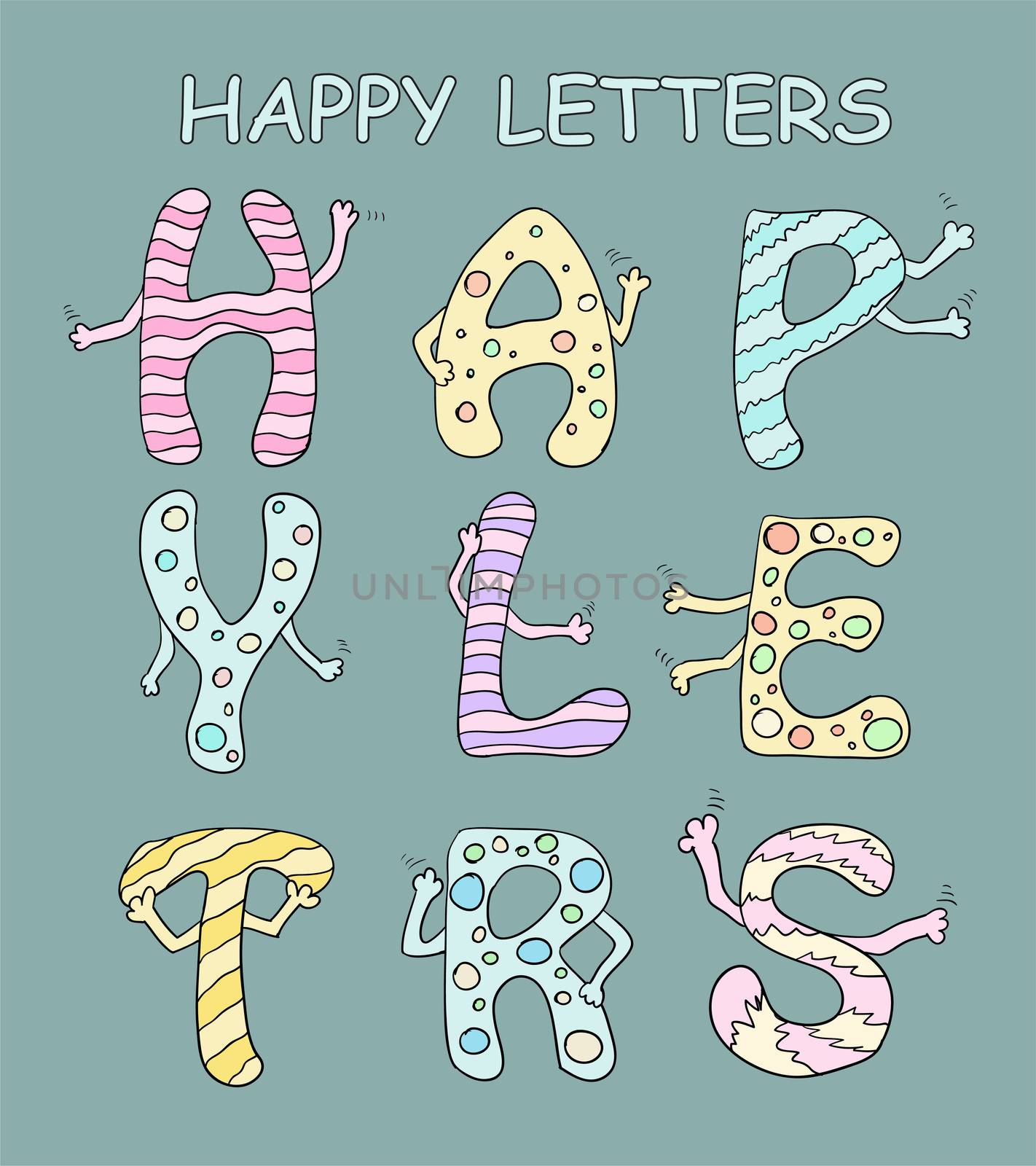 Set of bright cartoon letters with hands on a green background. by Adamchuk