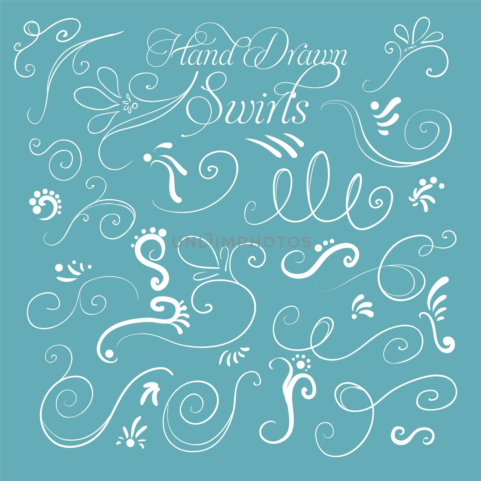 Set of decorative swirls hand-drawn on a turquoise background for your design. by Adamchuk