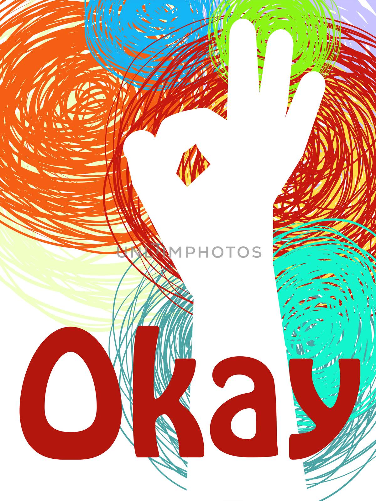 Card with a hand that shows gesture okay on the background of scribble circles. illustration