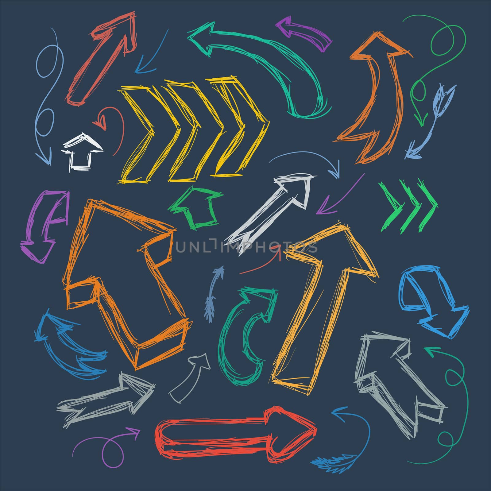 Collection of scribble arrows hand-drawn on a dark background. by Adamchuk