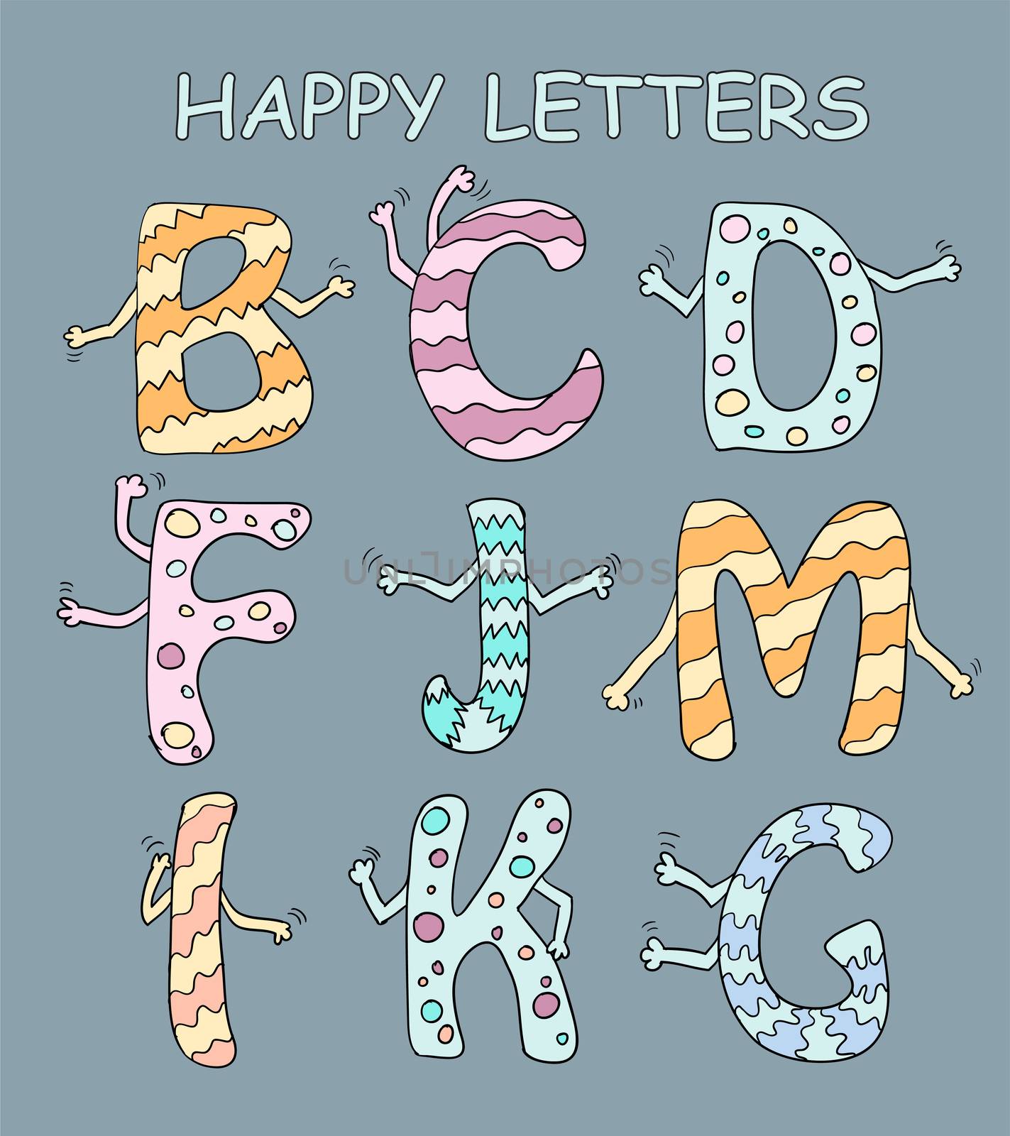 Set of bright cartoon letters with hands on a dark background for your design. illustration