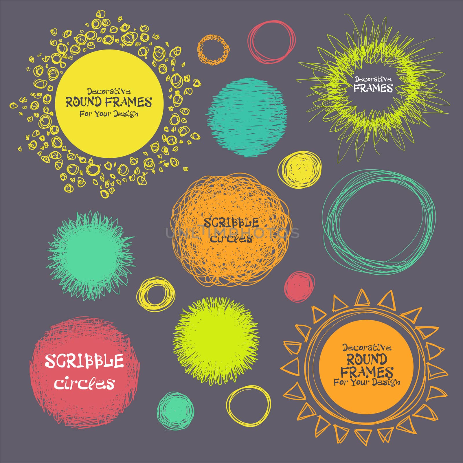 Set of hand-drawn scribble circles and decorative frames for you. illustration
