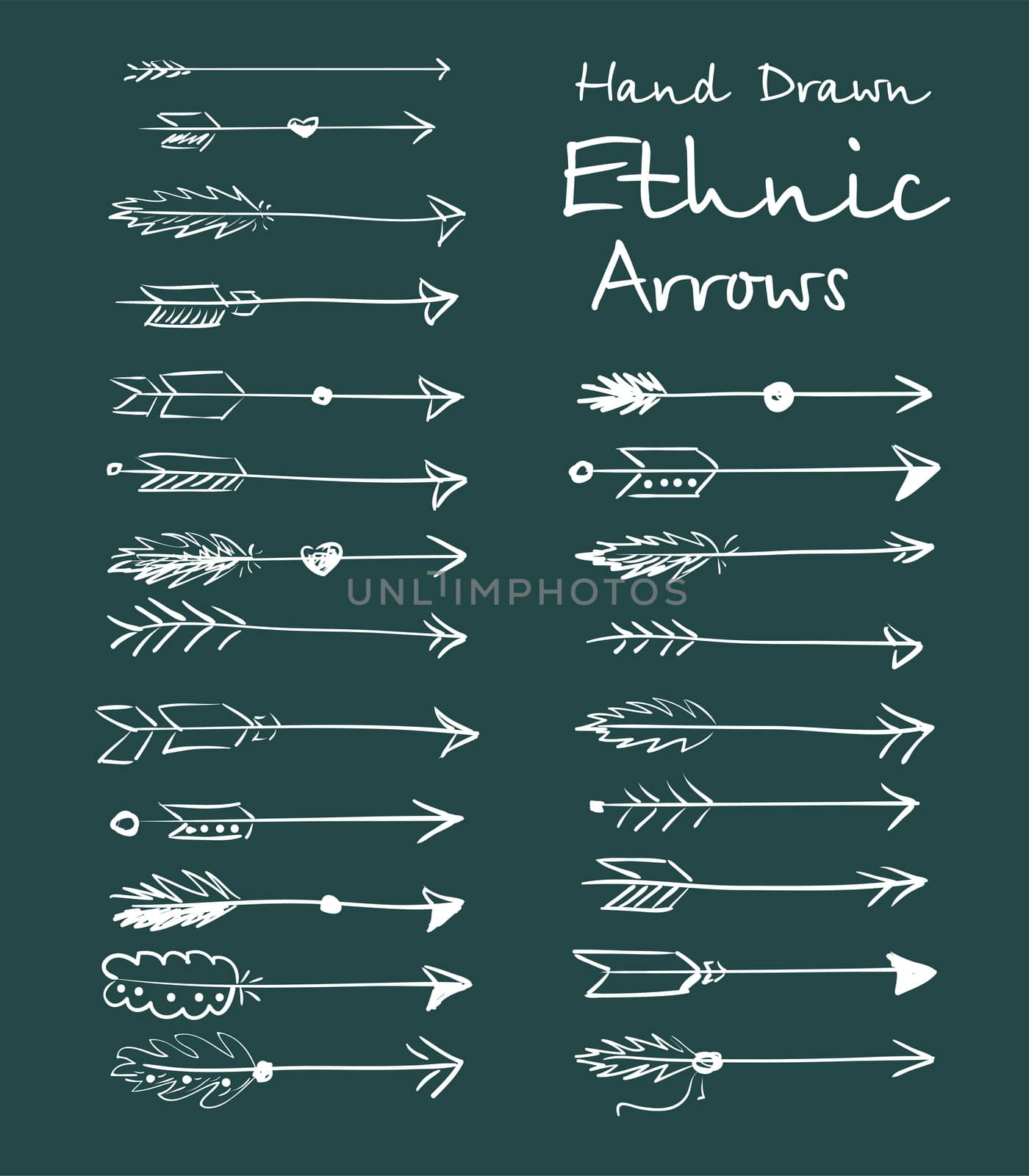 Collection of ethnic arrows hand-drawn on a green background for your design. by Adamchuk
