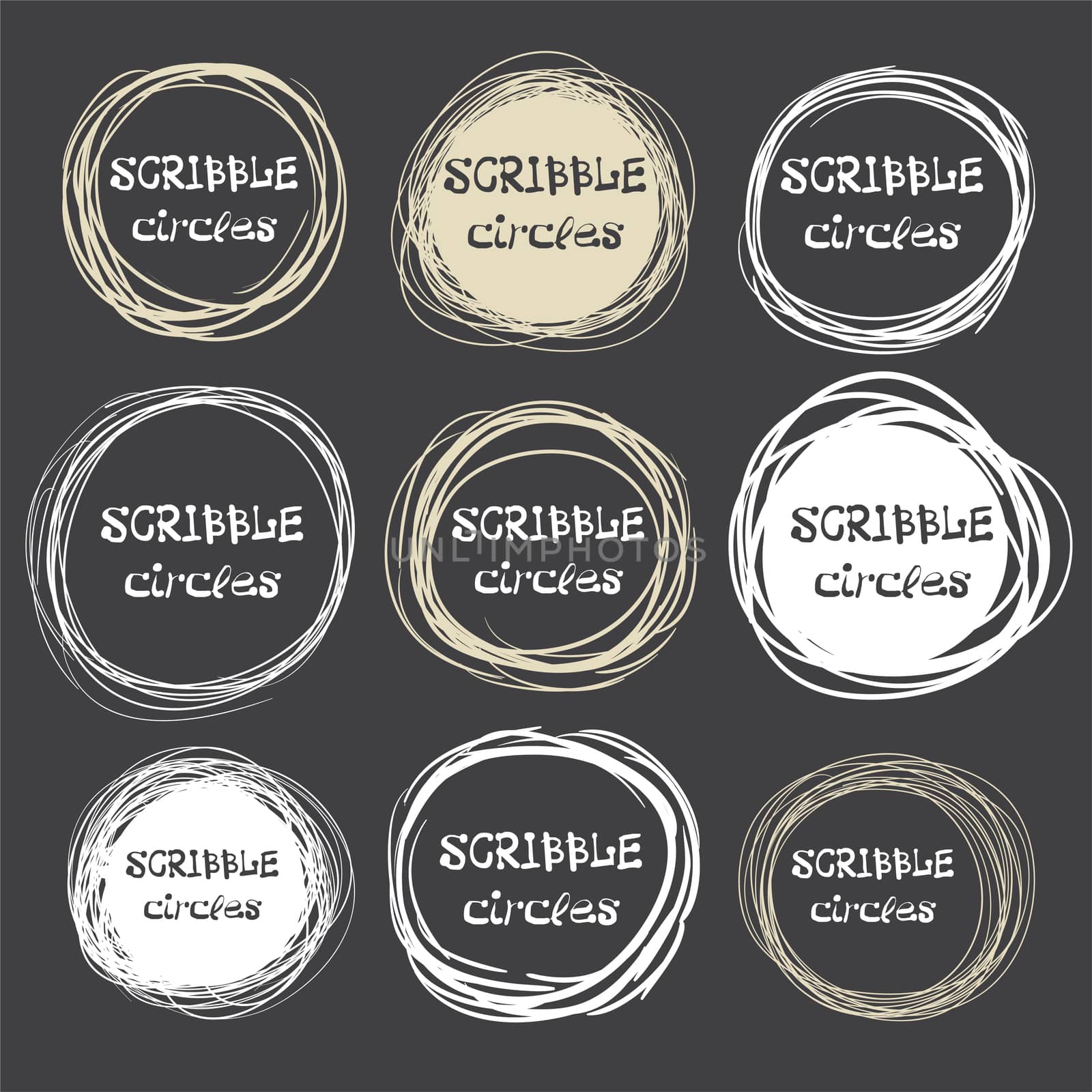 Collection of hand-drawn scribble circles against a dark background. illustration