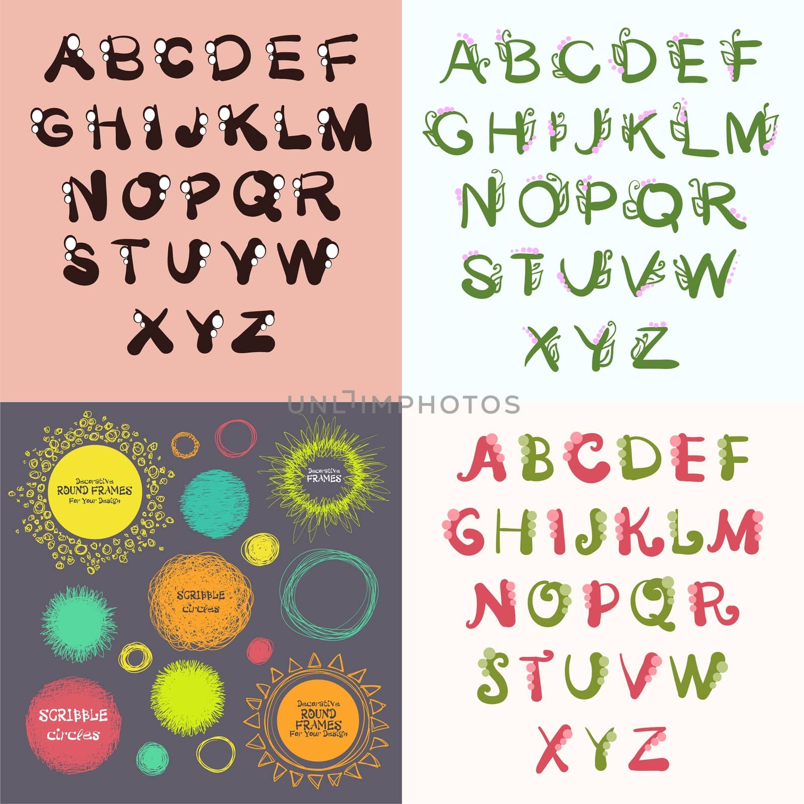 Hand drawn cartoon font with decorative elements on a light background. by Adamchuk