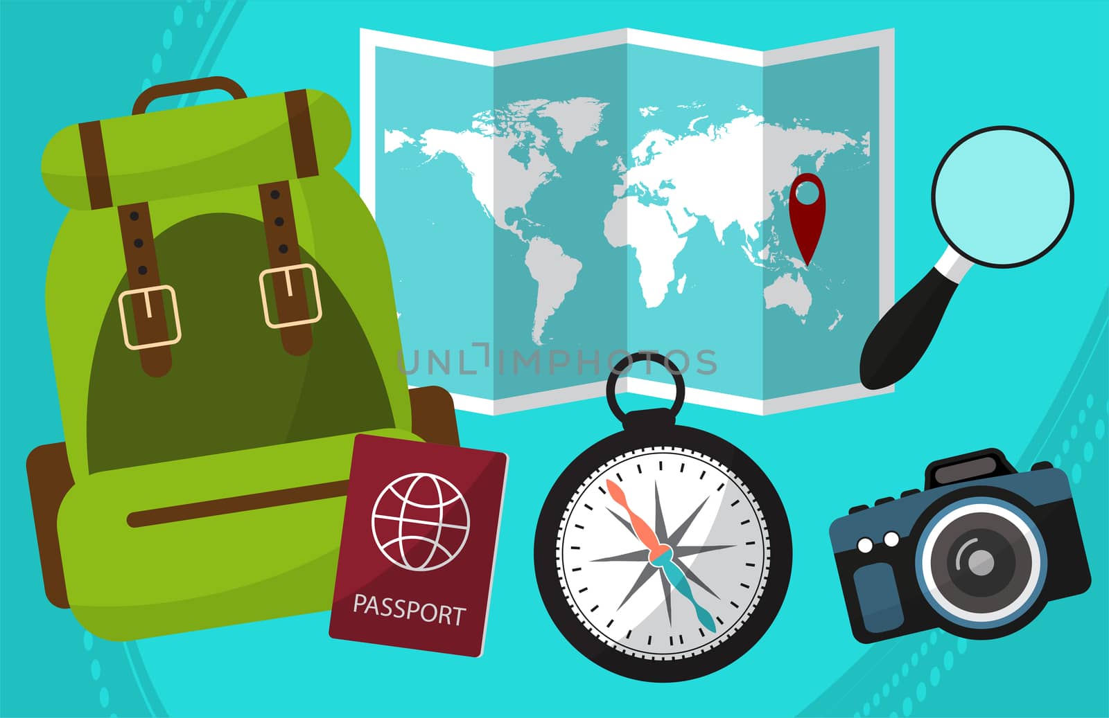 Hike and travel by world with a passport facilities, backpack, a magnifying glass, camera, maps. illustration