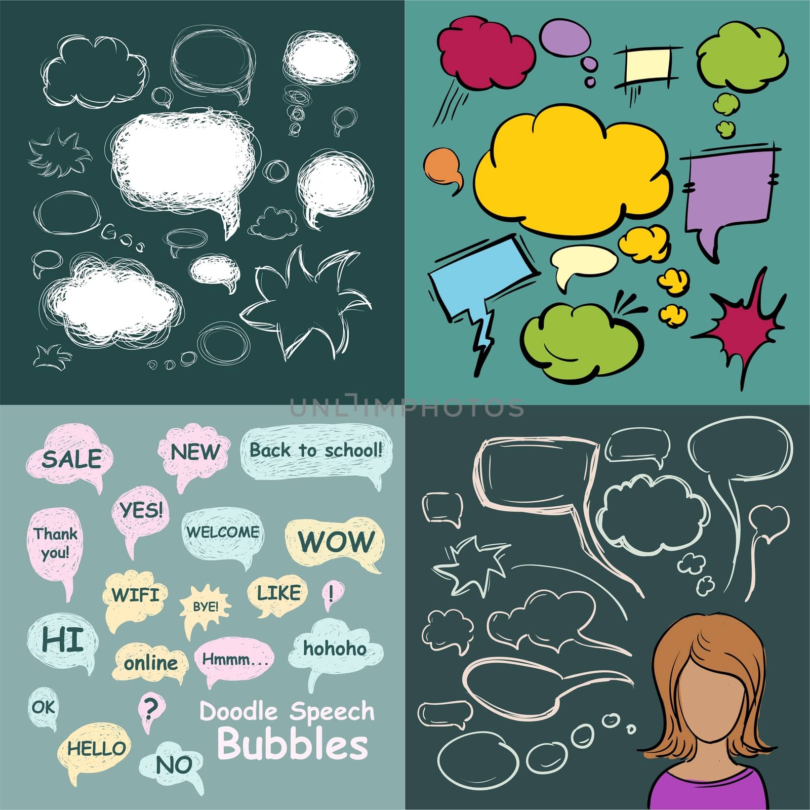 Set of scribble speech bubbles on a green background. illustration