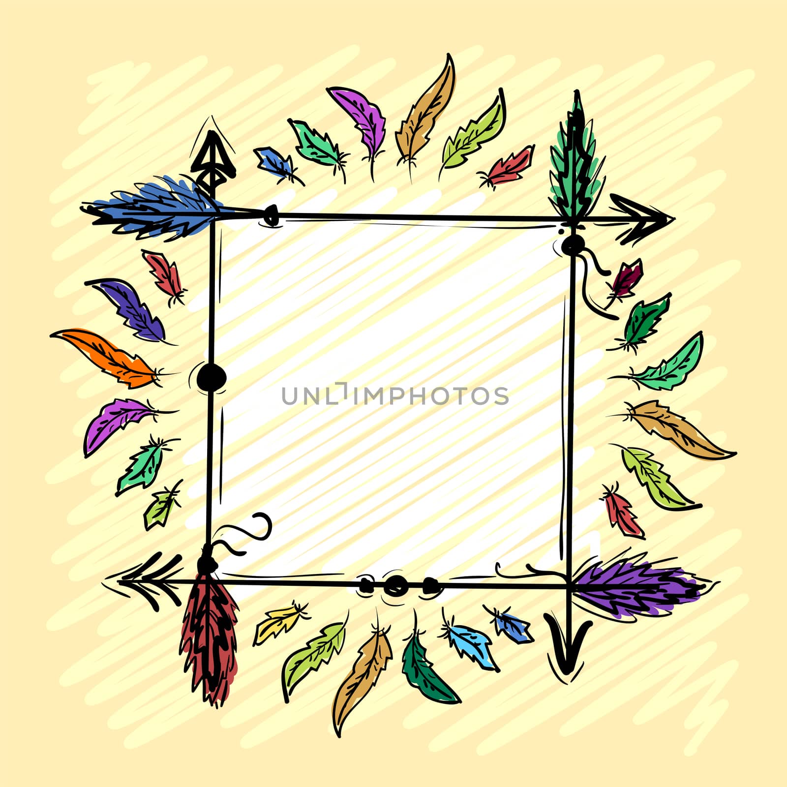 Decorative frame with arrows and feathers hand-drawn on a yellow background. illustration