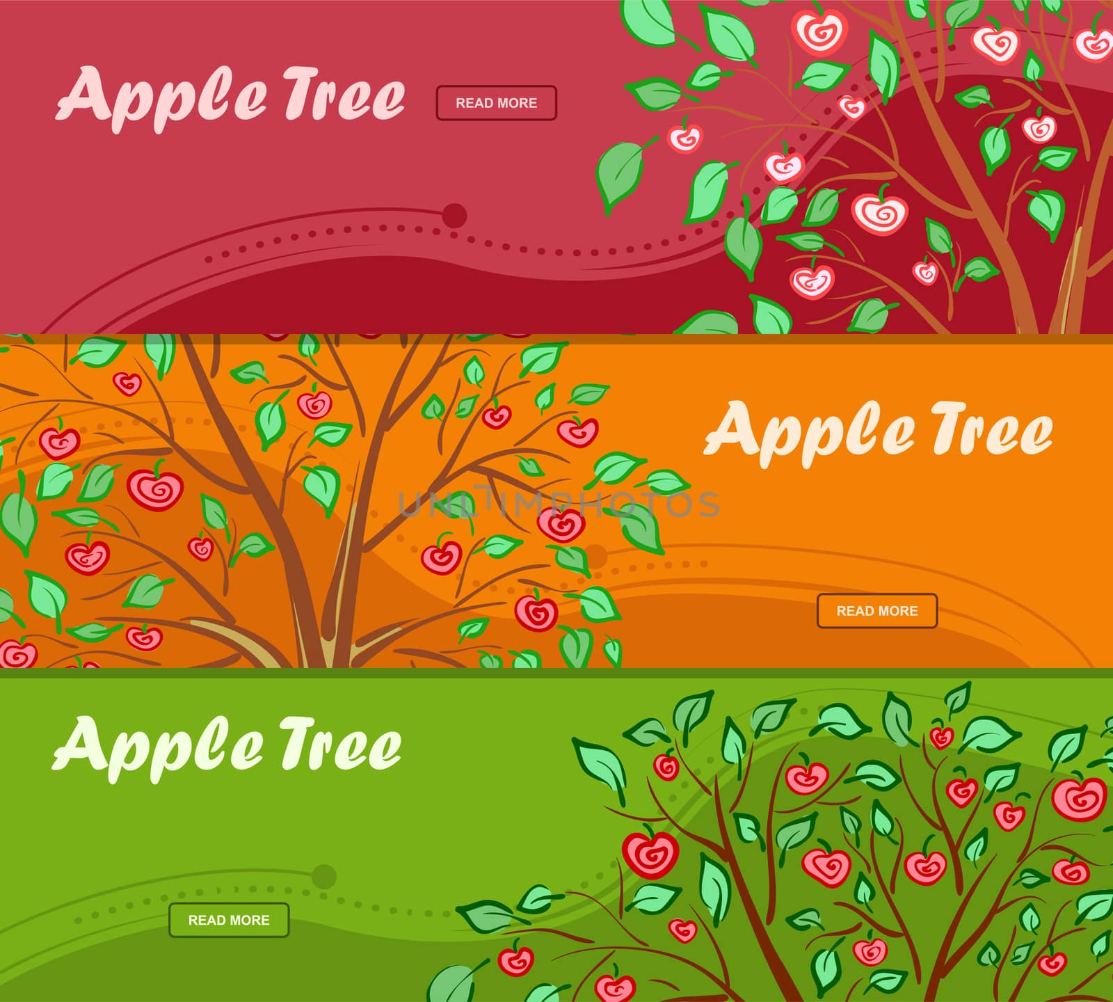 Three colorful banners with apple tree and place for your advertisement. illustration