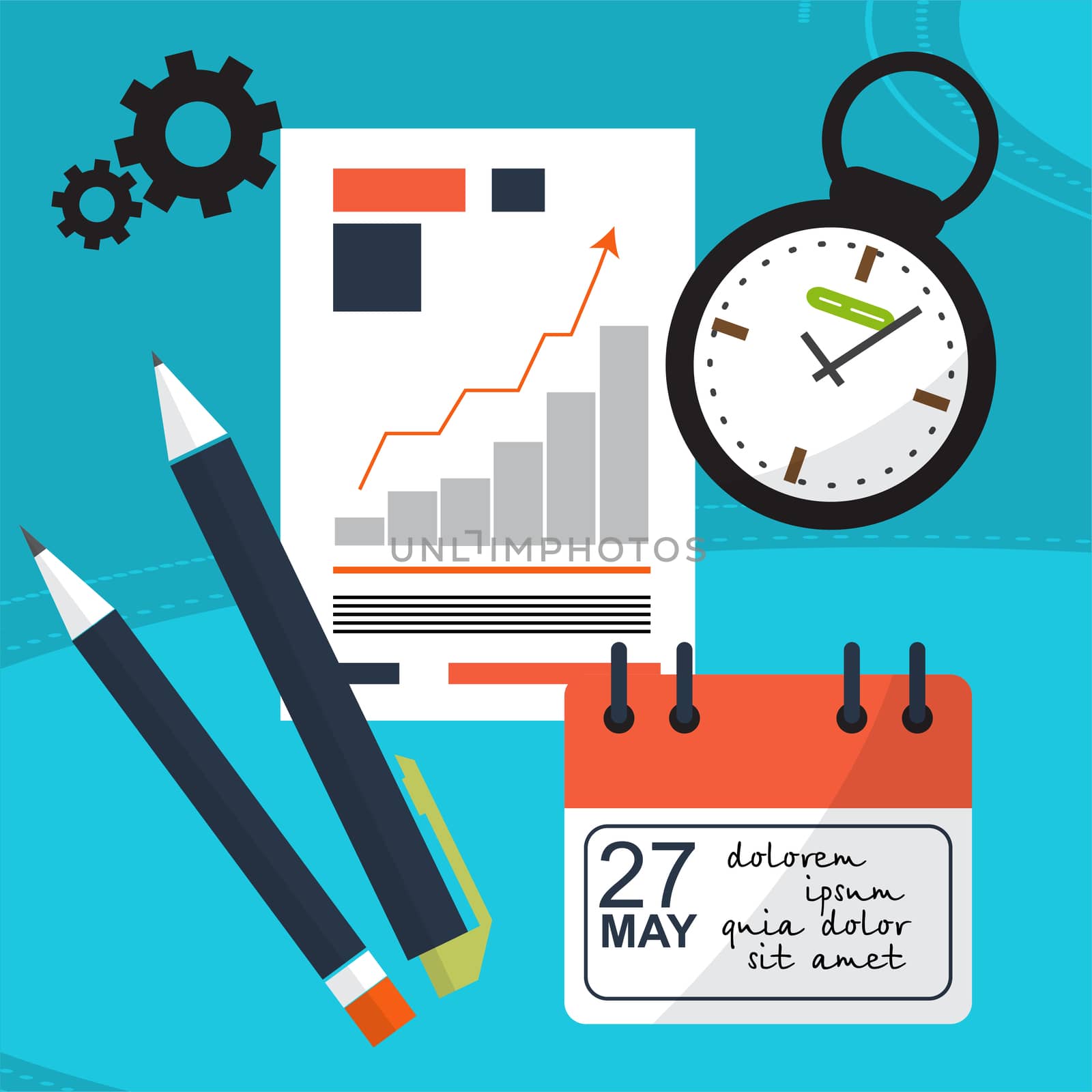 Planning workflow. Against the background of office items like watches, pens, calendar, schedule. illustration