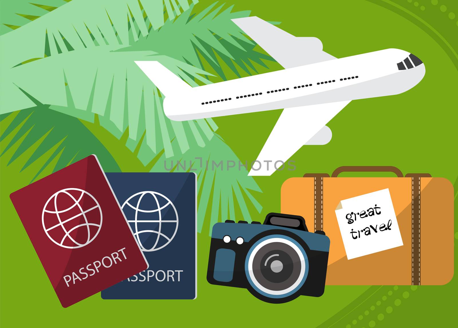 Holidays and travel to the islands with a passport facilities, backpack, photo camera. By plane. illustration
