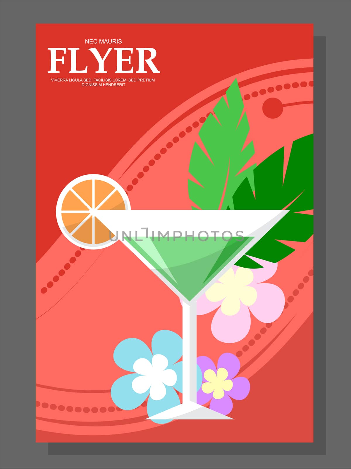 Flyer with a cocktail on the beach. Flowers on sunny weather. illustration