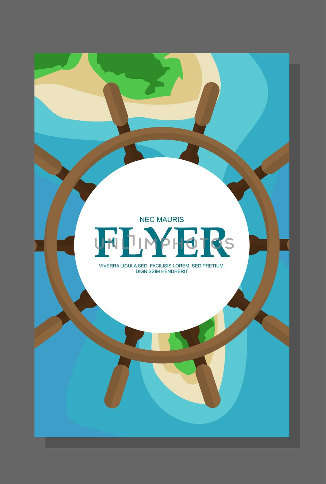 Flyer in flat style with a map of the island to travel and vacation on a yacht. illustration