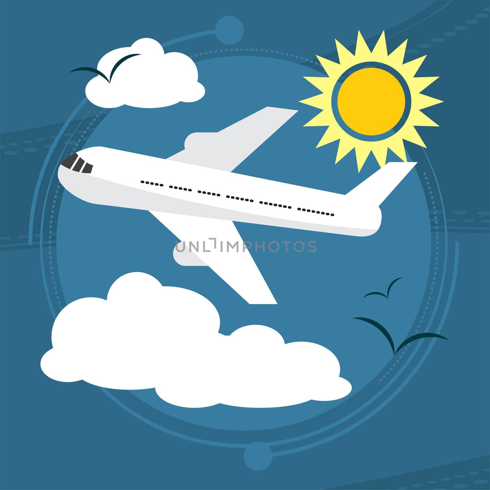 Sunny day. The plane takes passengers to the resort. With seagulls in the sky. illustration