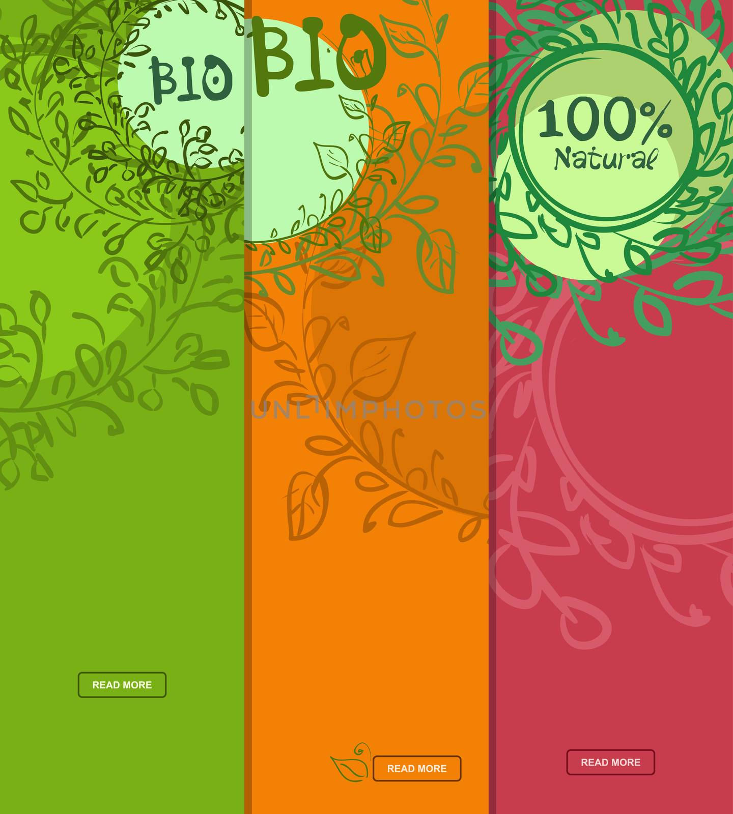 Colorful vertical banners of 100 bio, natural food with place for your text. Hand-drawn. illustration