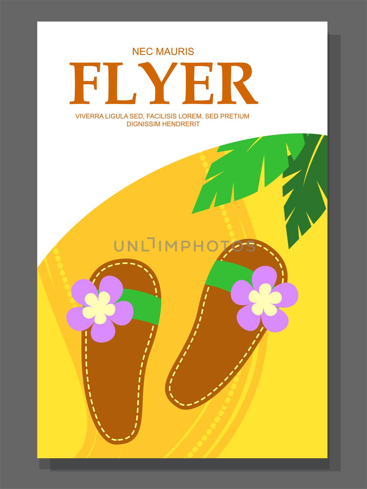 Flyer with Beach shoes on the sandy background. Slippers near palms. illustration