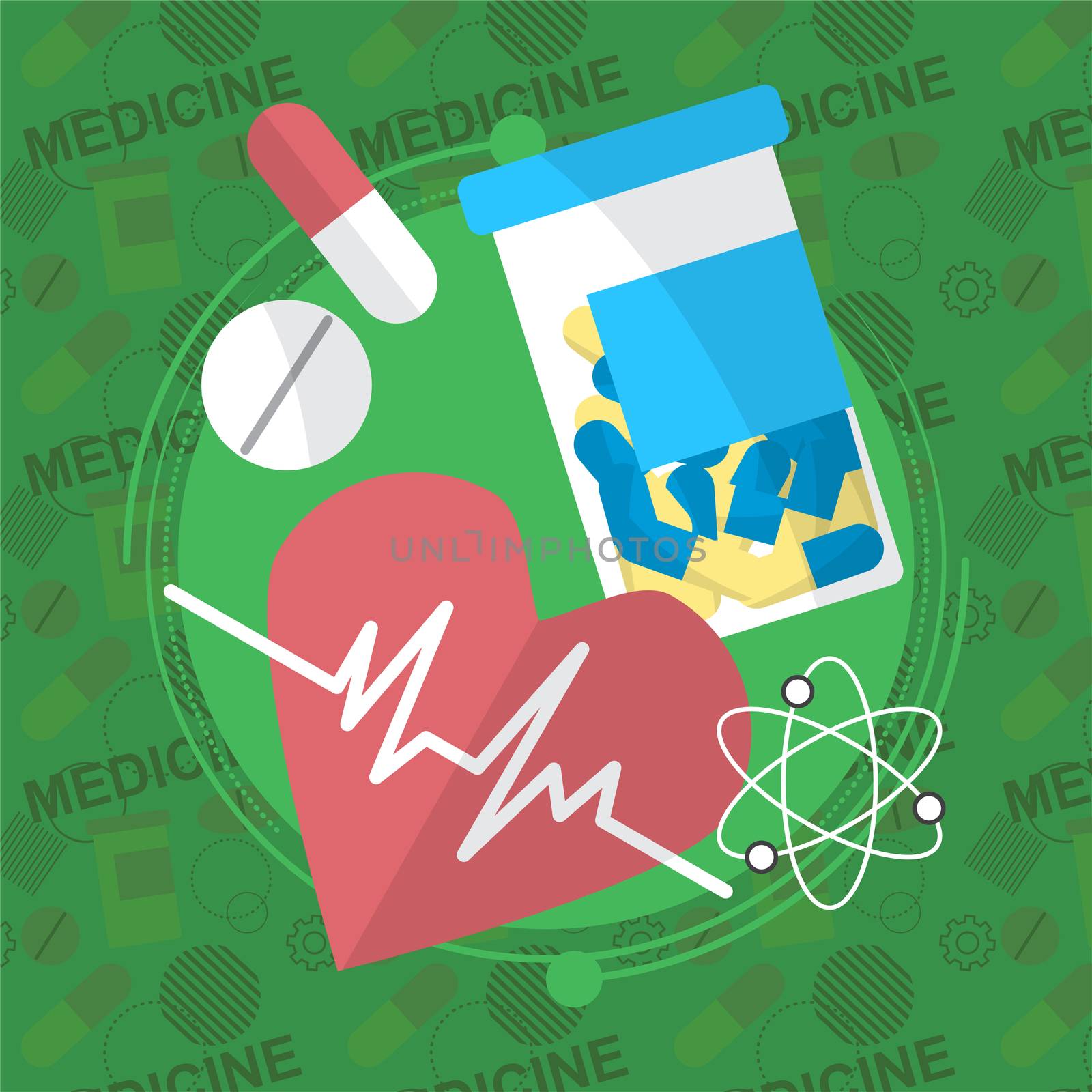Medicine flat icons set. Pills box, tablets, pill, blister vitamins liquid medicine. illustration