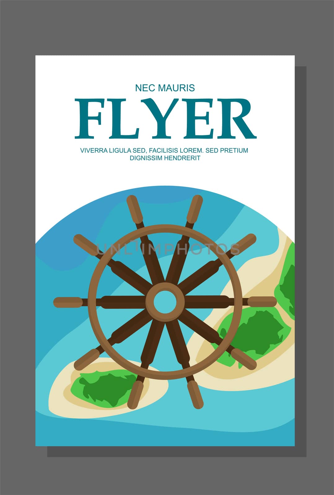 Flyer in flat style with a map of the island to travel and vacation on a yacht. illustration