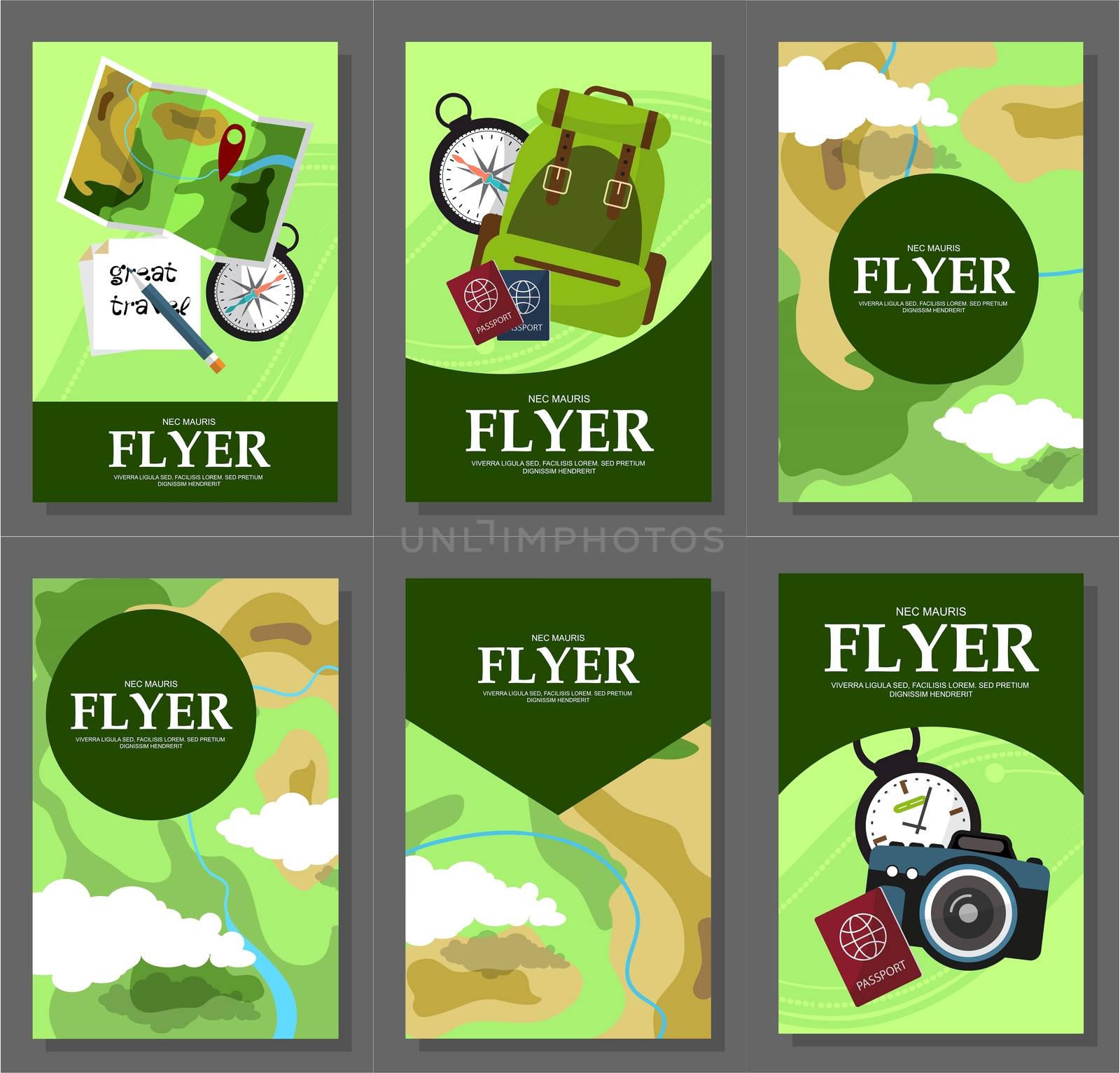 Flyers with the concept of the campaign on the tour. Camera, compass, passport illustration