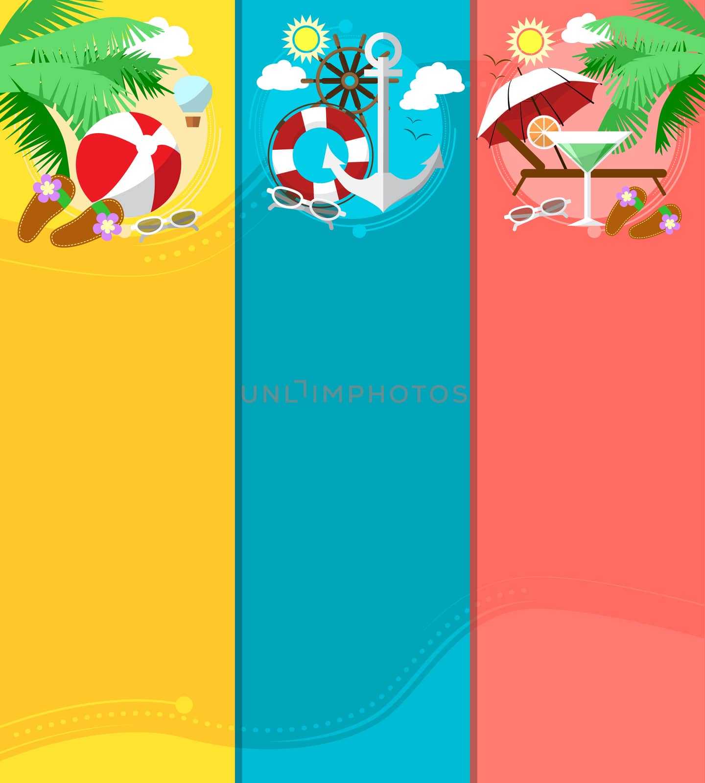 Set of vertical banners on trips with place for your text. Travel, vacation in flat style. illustration