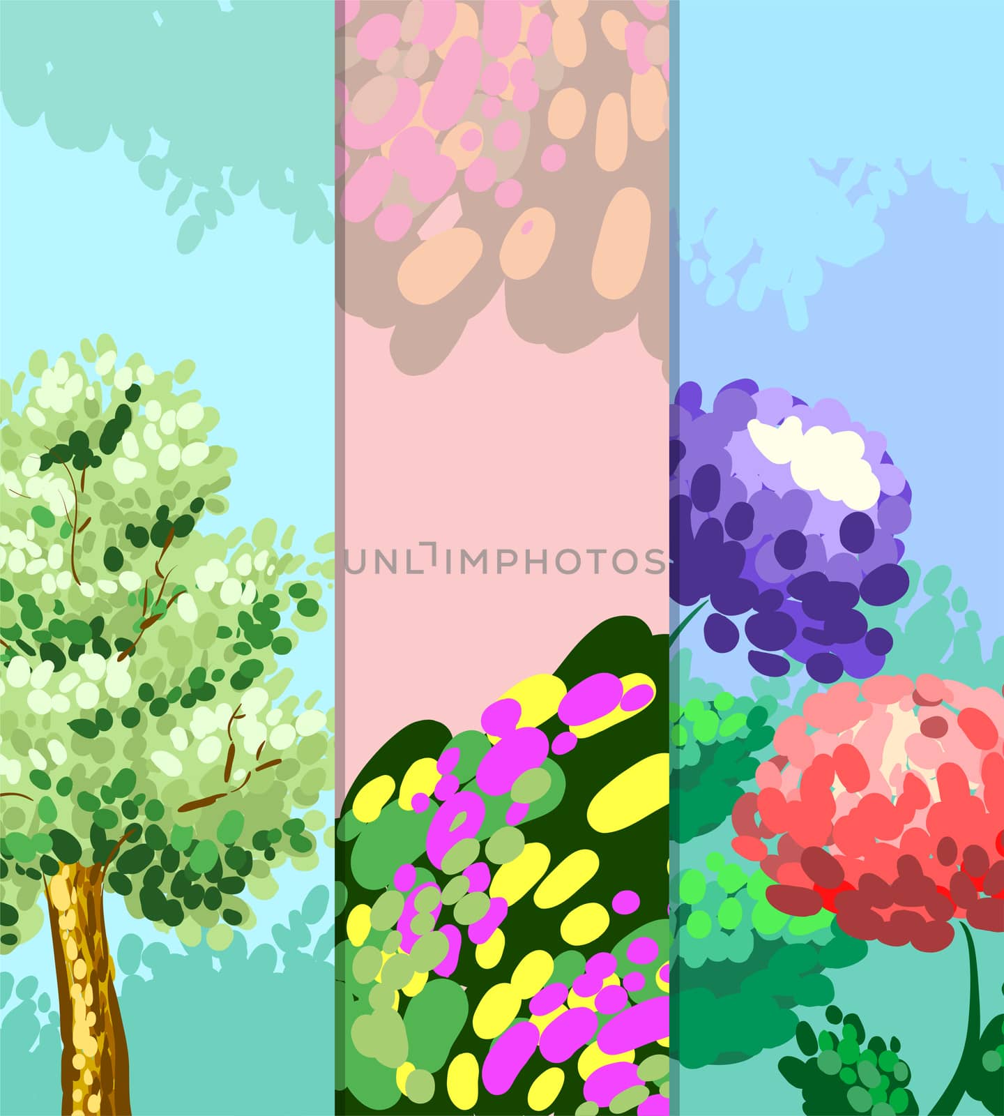 Colored banners with tree, flower and abstraction with space for your advertising. illustration
