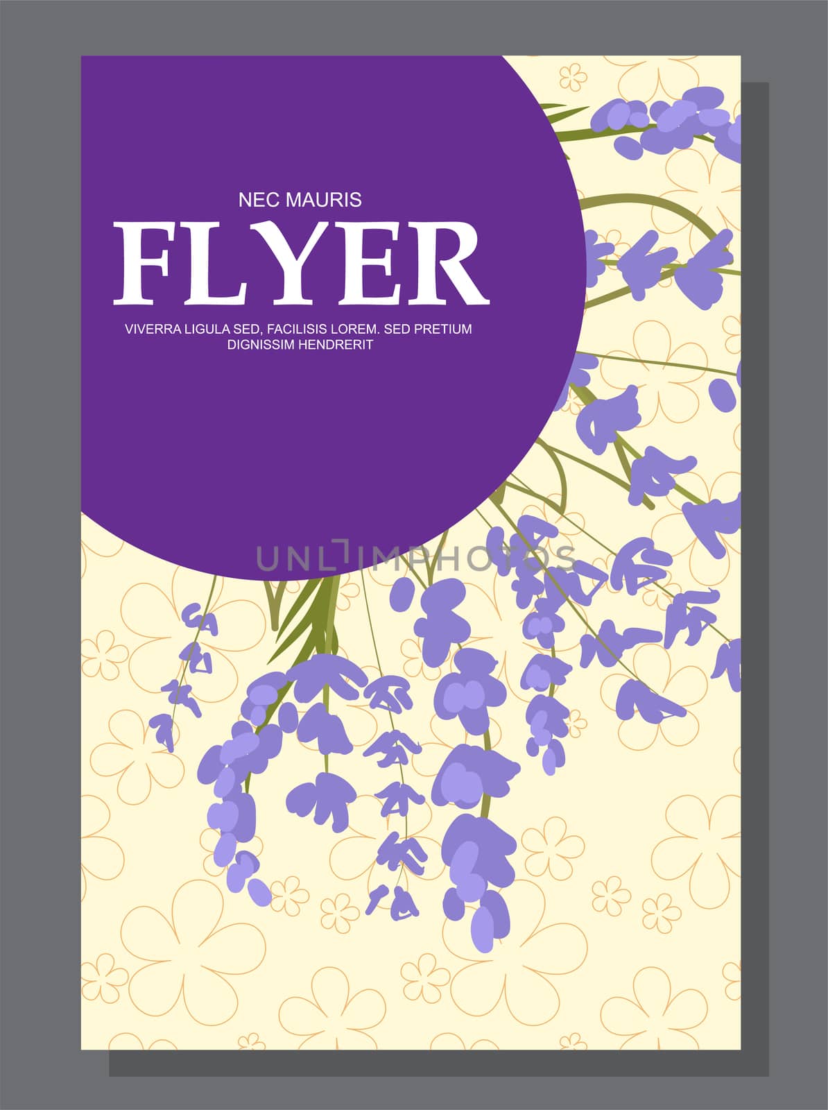 Violet flowers on a flyer. Can be used as greeting cards or wedding invitation. illustration