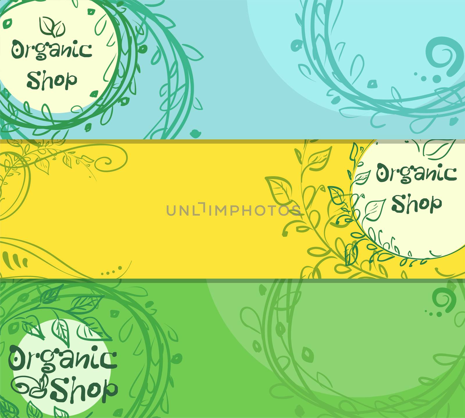 Three horizontal banners of organic shop with place for your text. Hand-drawn. illustration