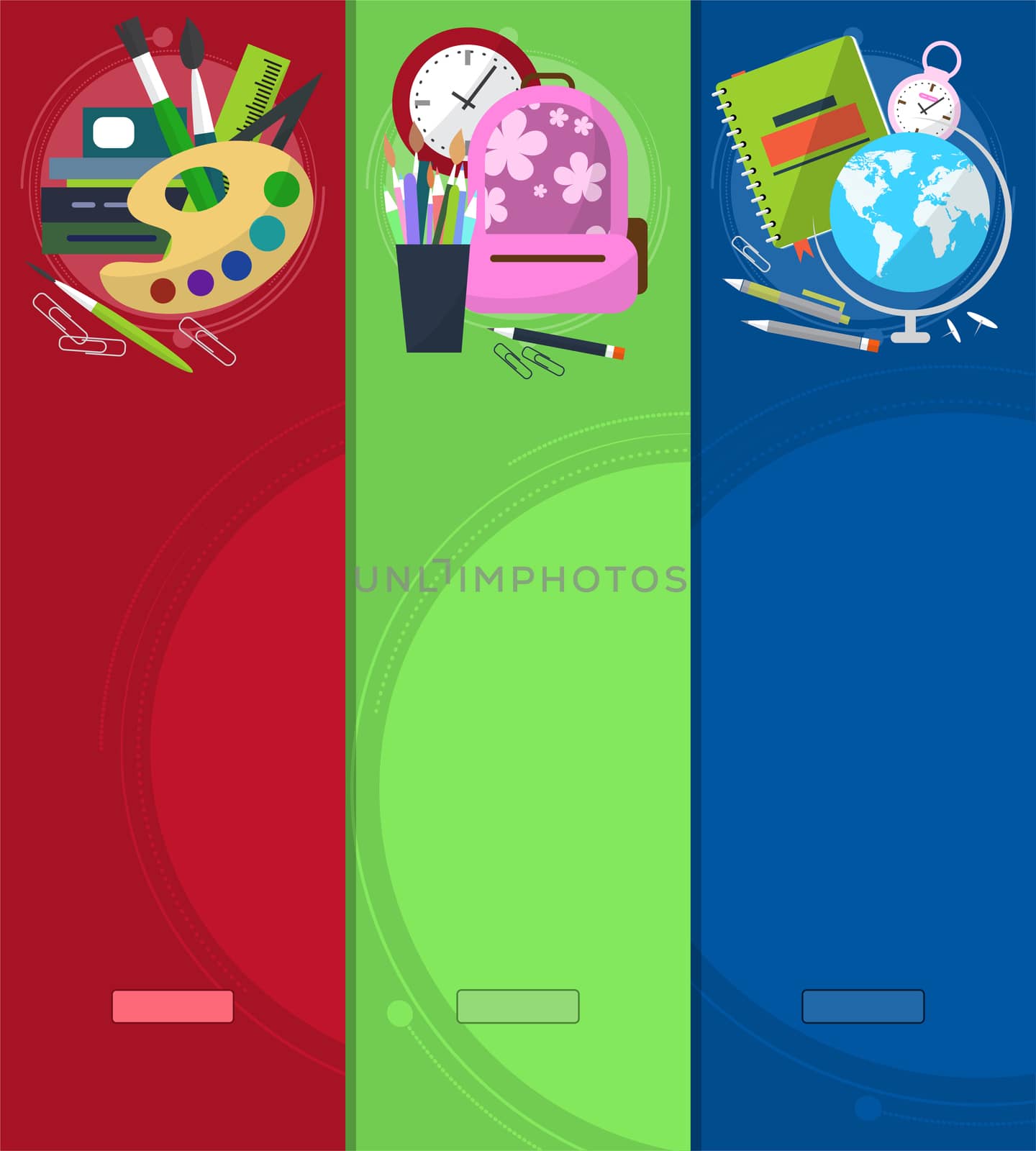 Bright banners back to school with schoolbag, globe, books and stationery with place for your text. by Adamchuk