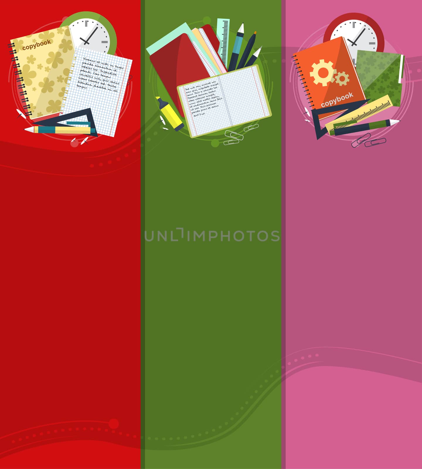 Bright banners back to school with folders, books and notebooks with place for your text. by Adamchuk