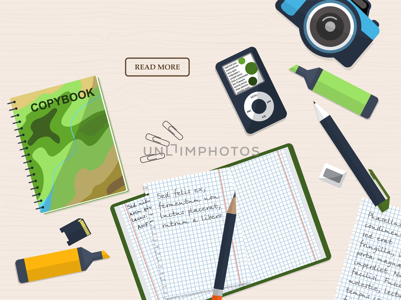 Working student desk with copybook and stationery. With place for your text. illustration