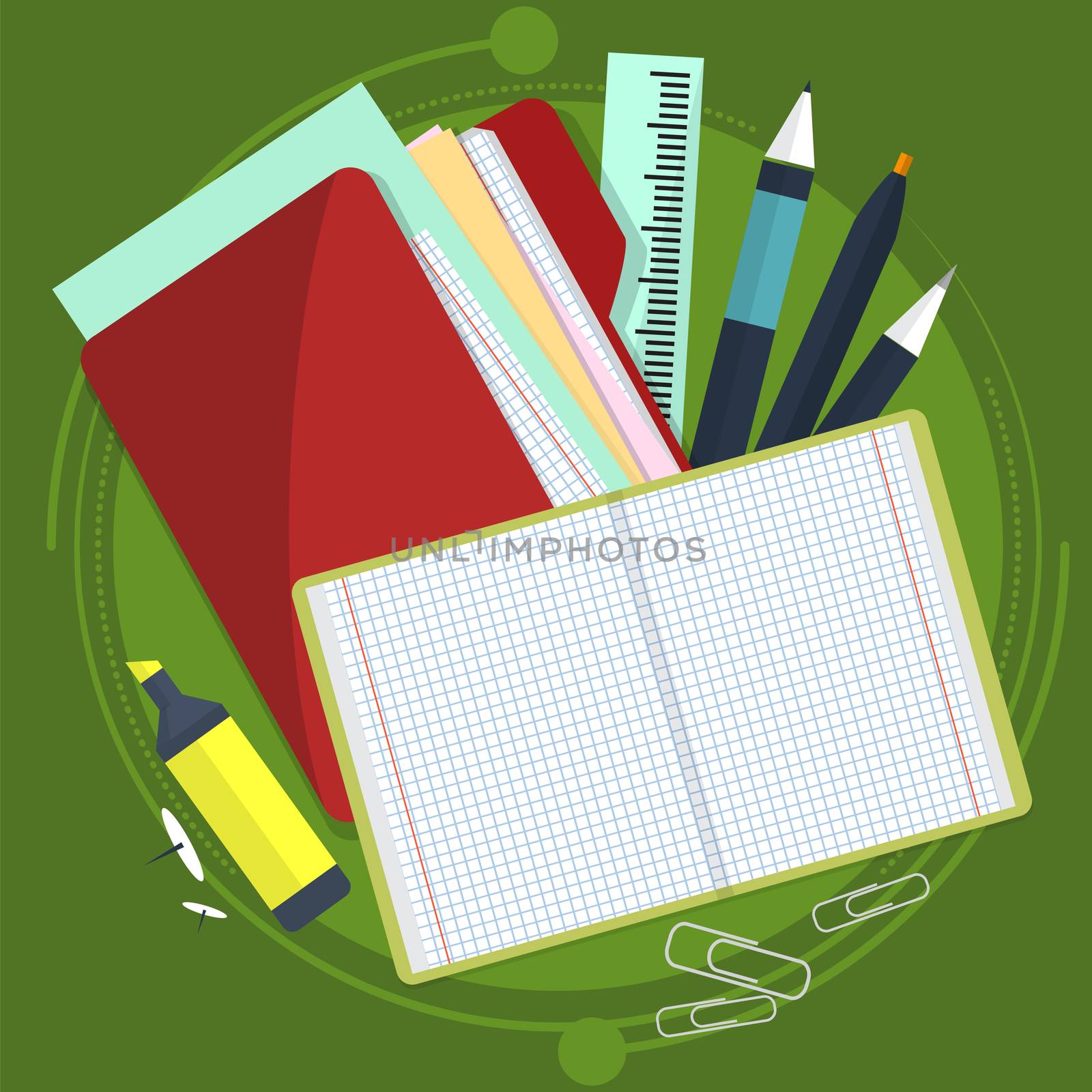 Books and school process. Writing and Drawing in zoshite. Office prednadlezhnosti and study subjects. Back to school. illustration