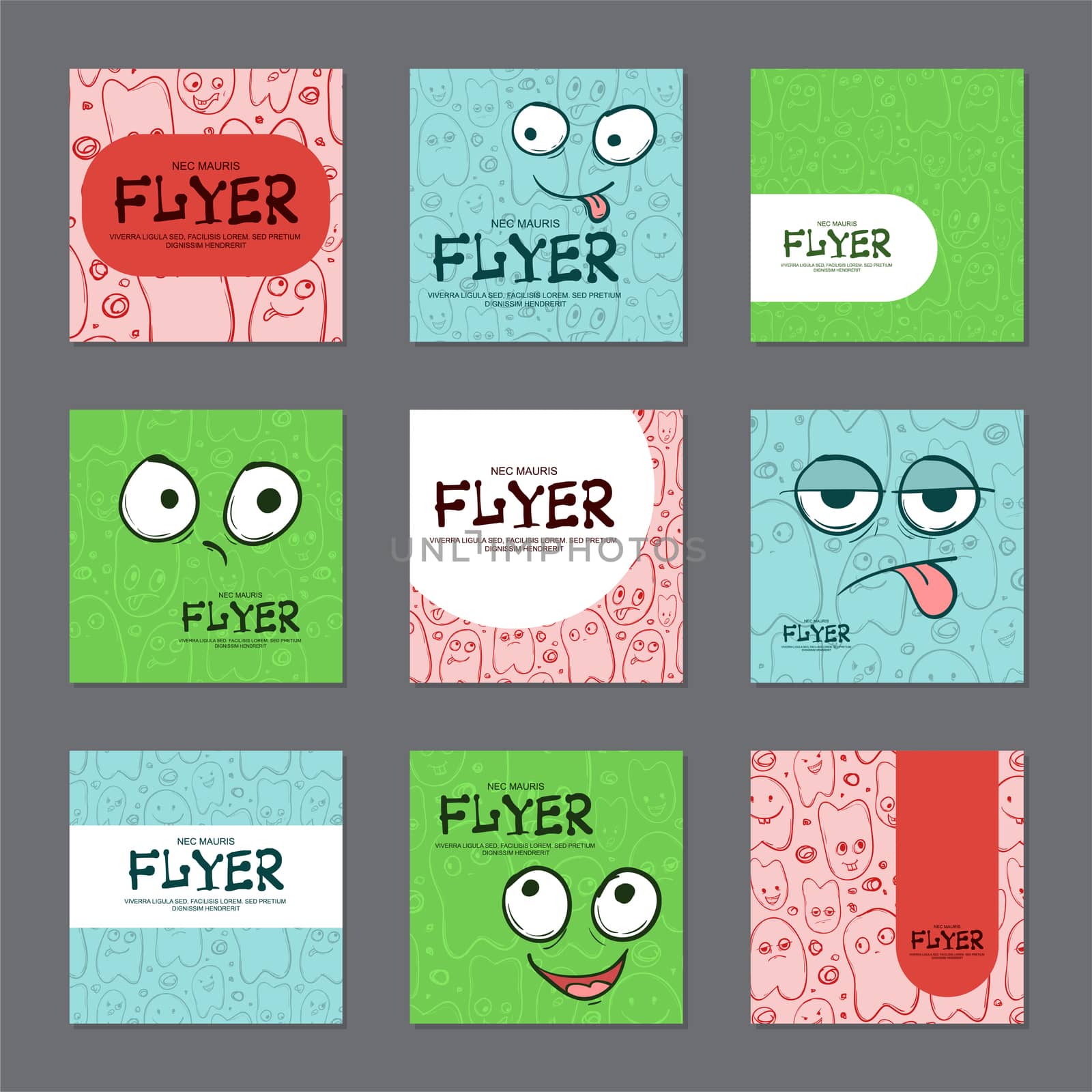 Collection of brightly colored postcards with funny faces. illustration