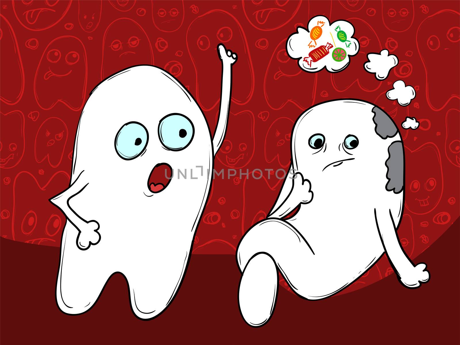 The concept of Problem tooth. Amateur sweet candy. It is necessary to brush your teeth. illustration