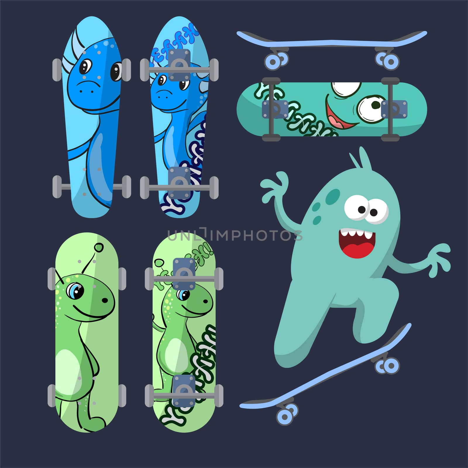 Bright skateboard on a dark background with a cheerful light green monster. illustration