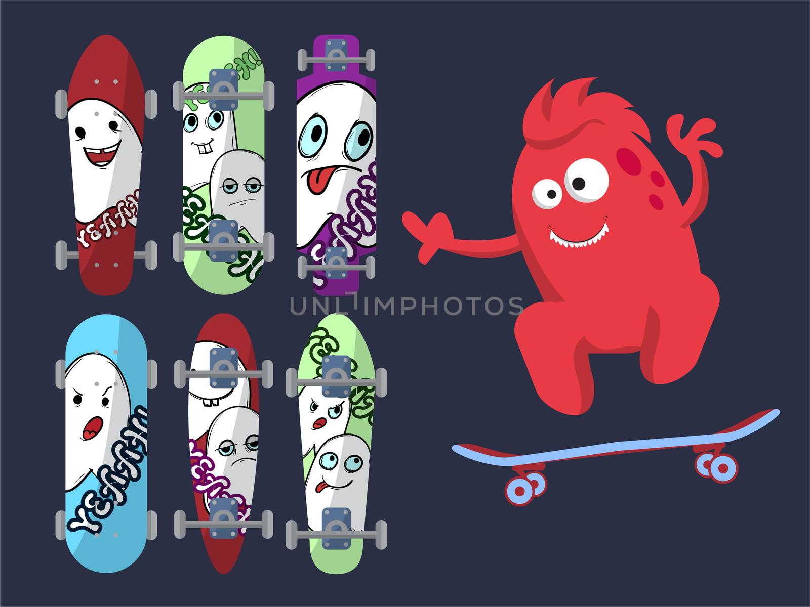 Six bright skateboard with pictures of cute ghosts on a dark background with a red monster. by Adamchuk