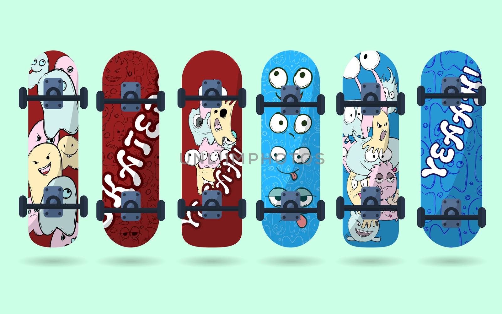 Collection of blue and red skateboard with monsters on a light background. illustration