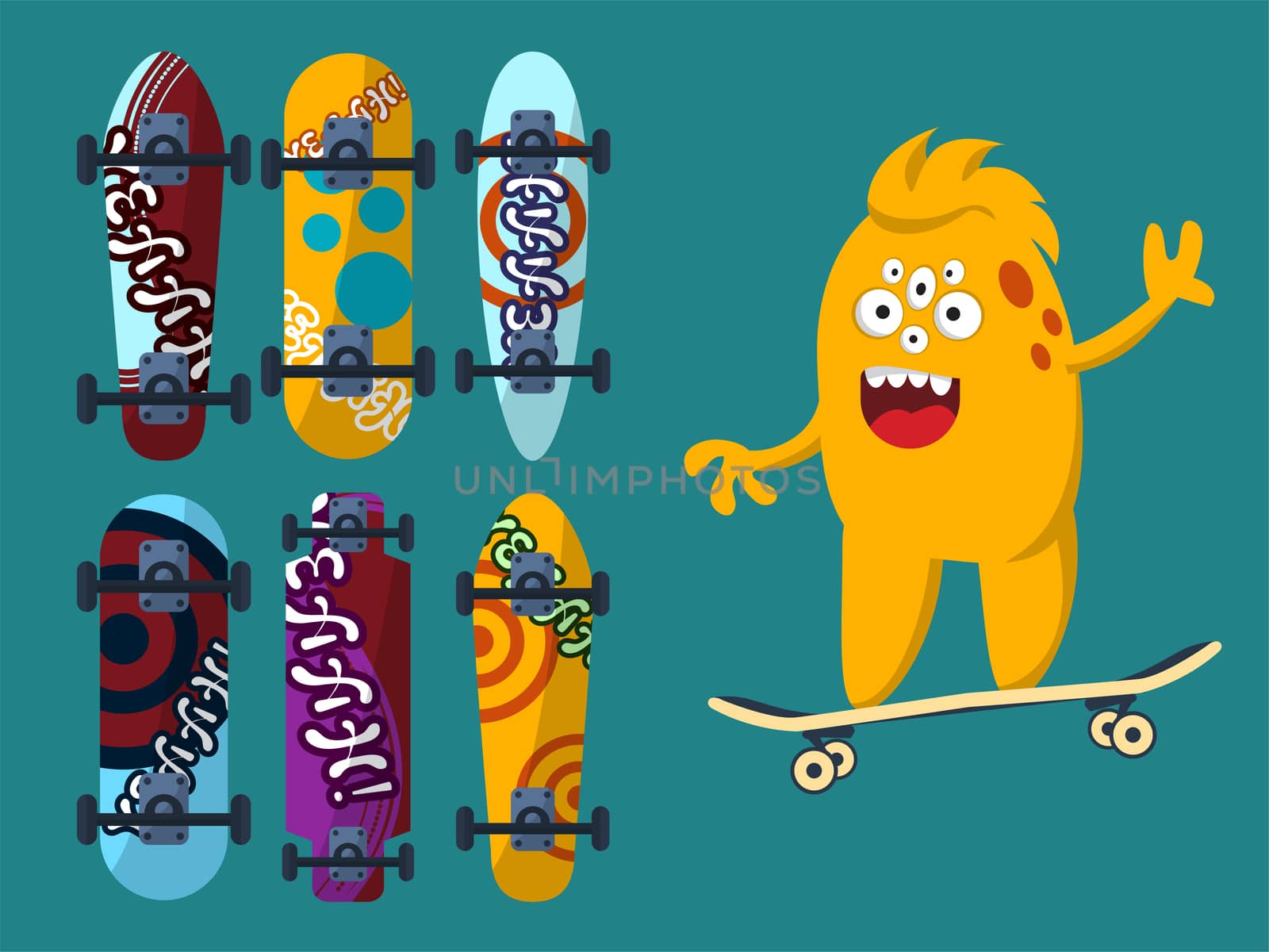 Collection of bright skateboard on a dark background with a yellow monster. by Adamchuk