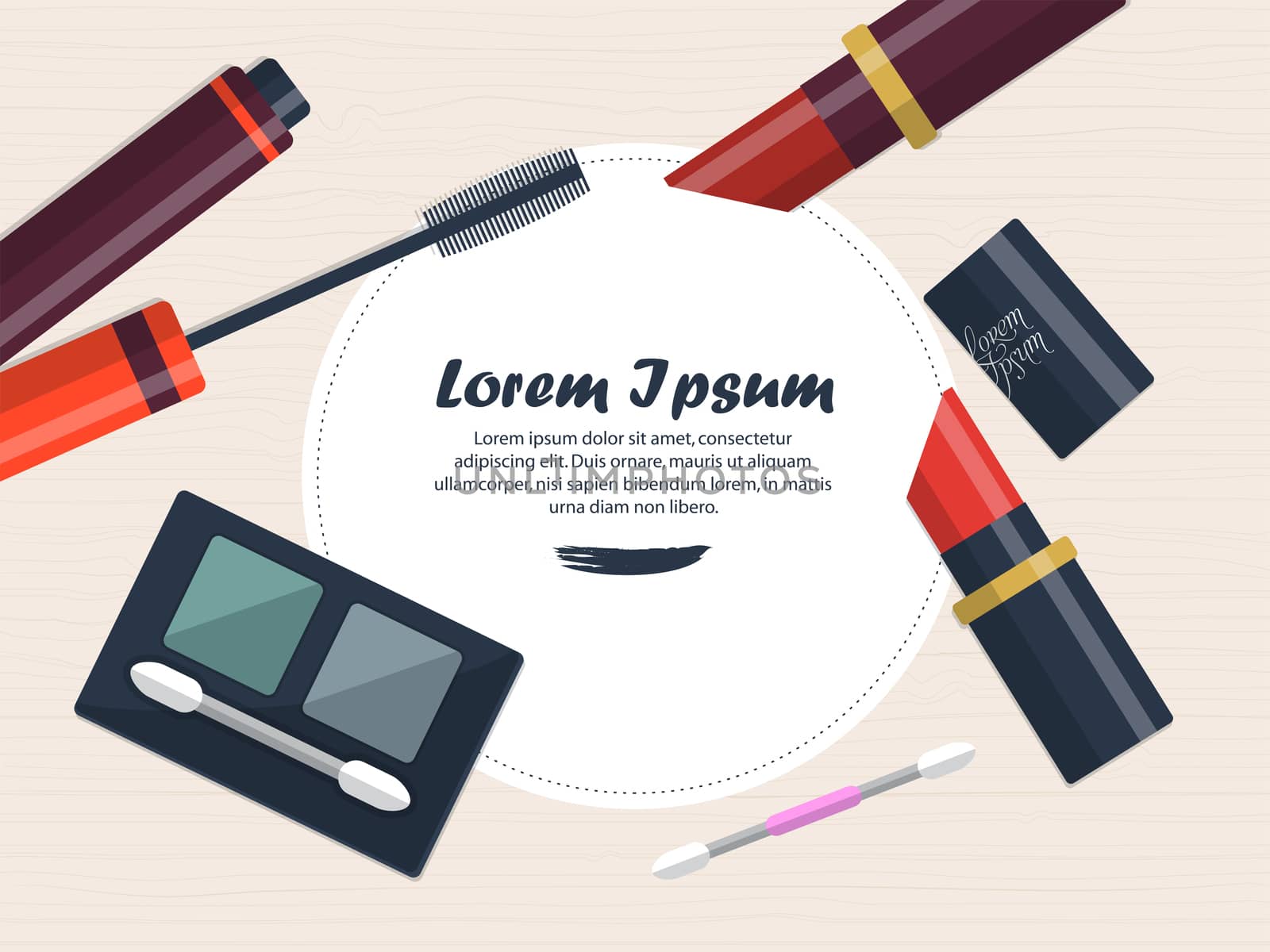 Composition with lipsticks, eye shadows and mascara on the table with place for your text. illustration