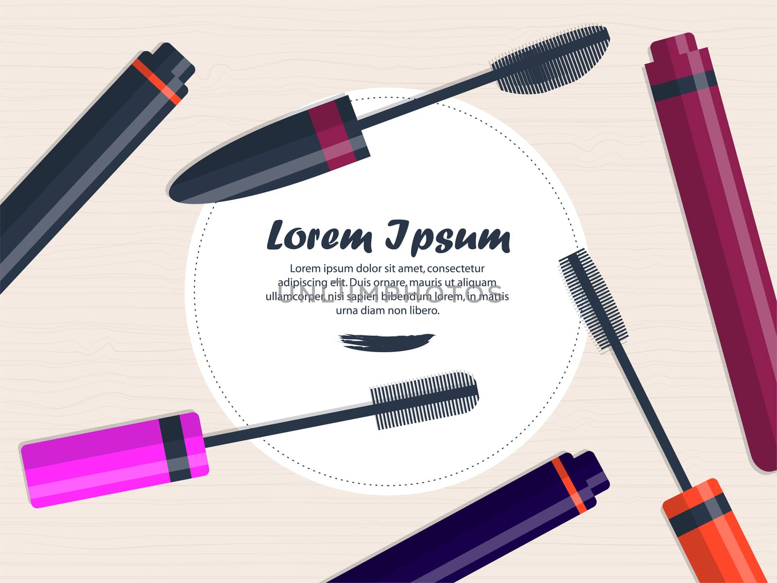 Set of mascara on the table with place for your text. Flat style. illustration