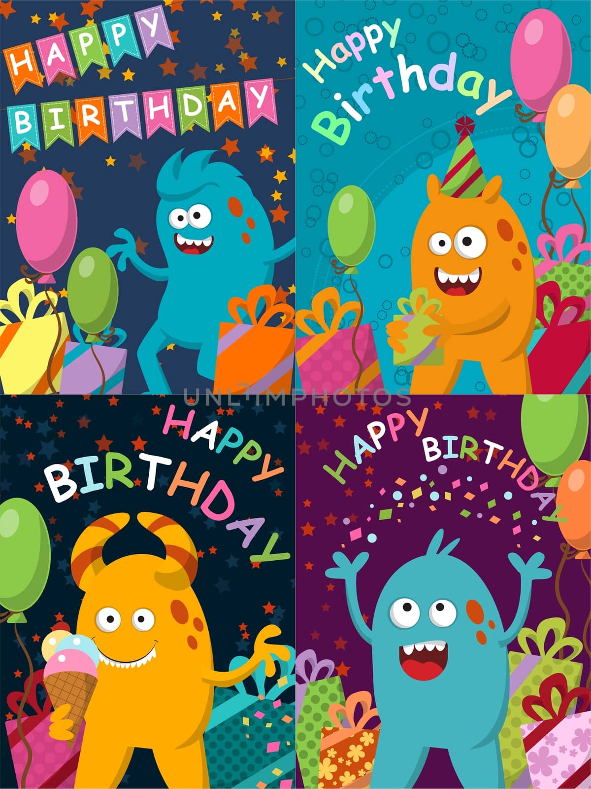 Funny monster with gifts and balloons. Happy Birthday. illustration