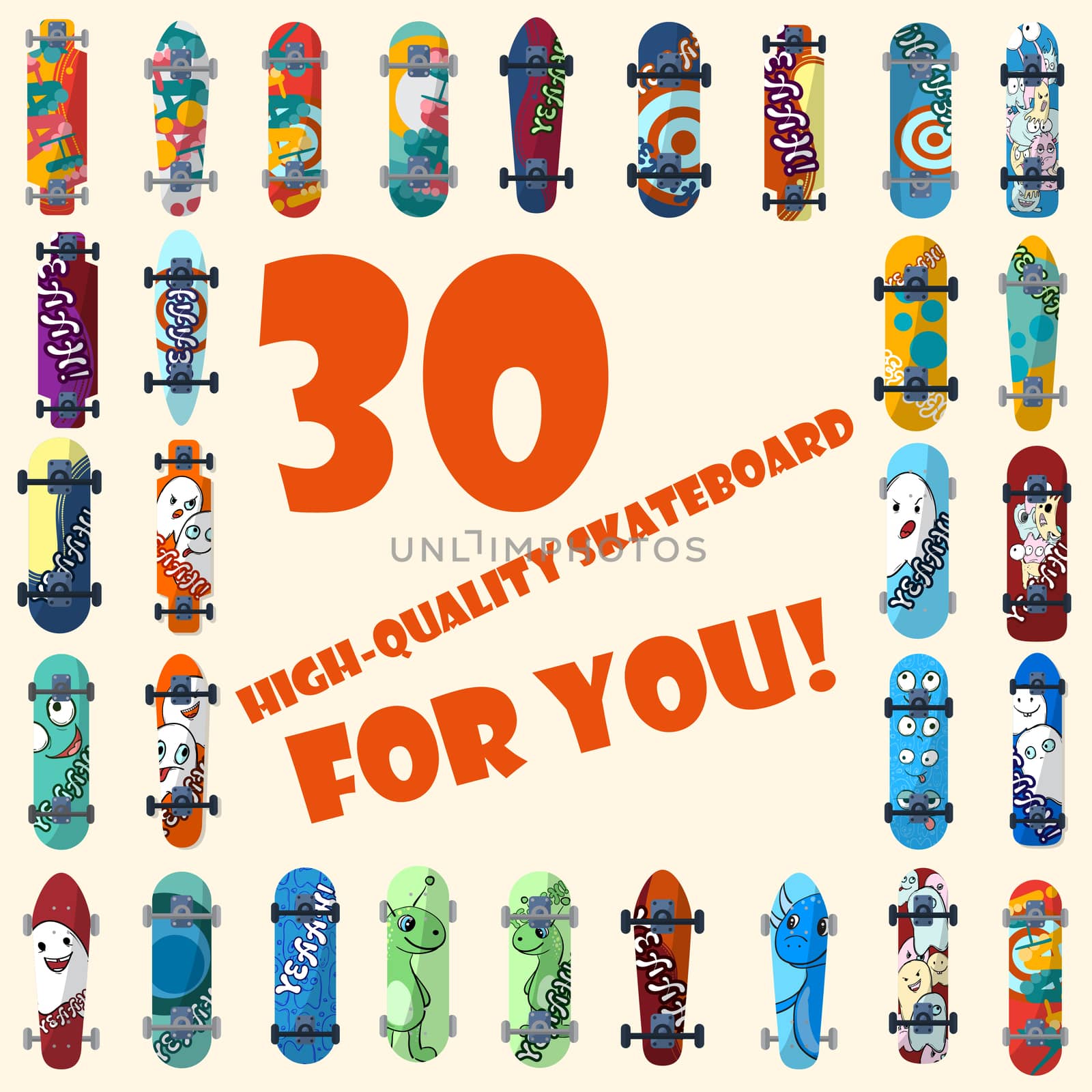 Big set of 30 high quality skateboards and skateboarding and elements of street style. Painted in bright figures in a cartoon style. illustration