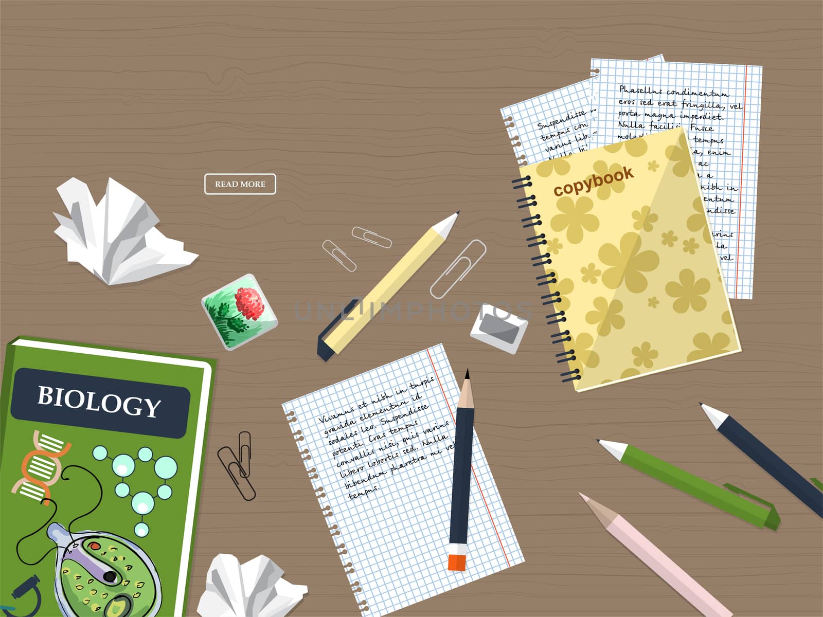 Composition back to school with schoolbook, exercise books and stationery. illustration